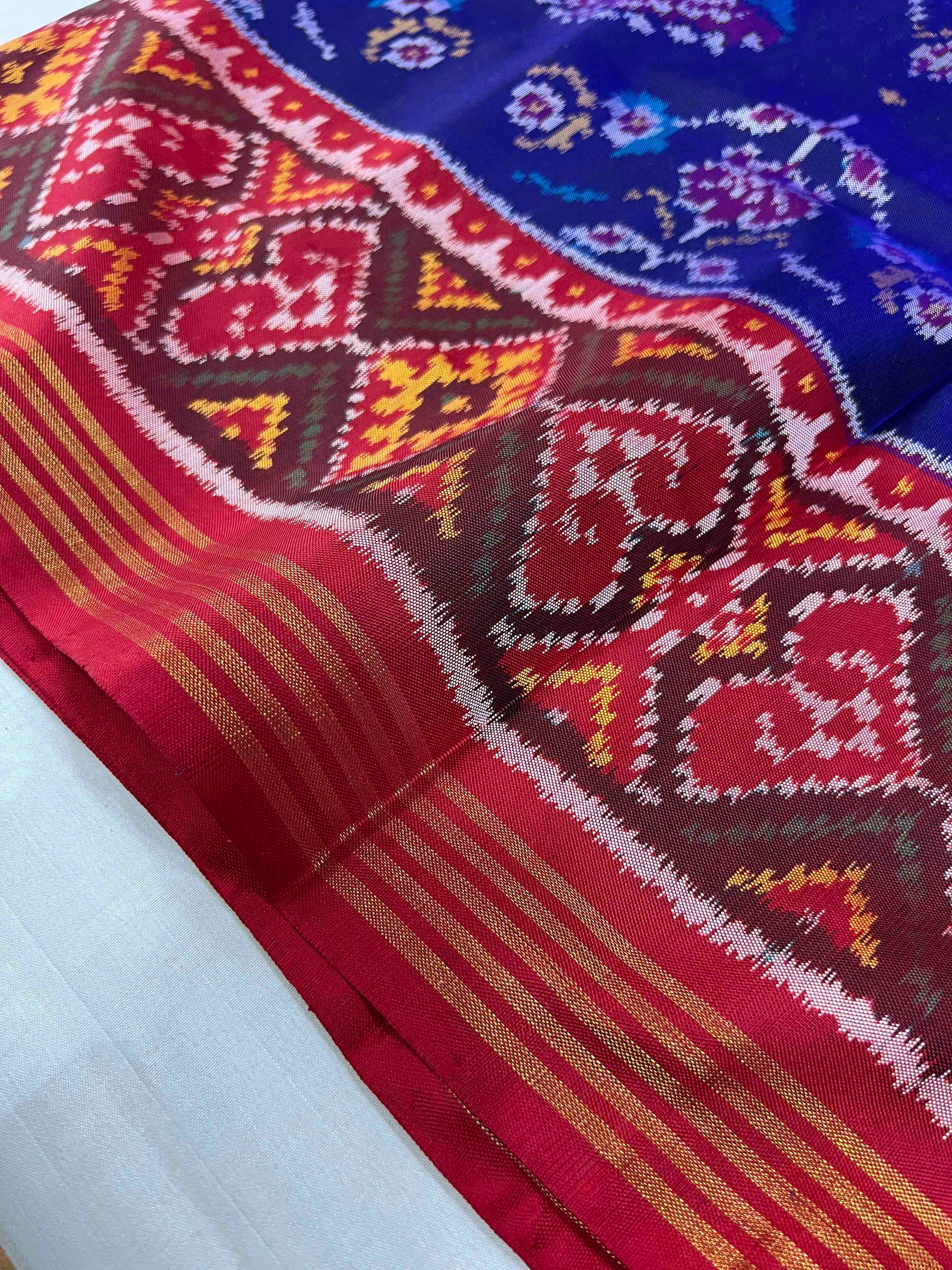 Blue And Red Big Motifs Hand Woven Rajkot Ikat Patola Silk Saree