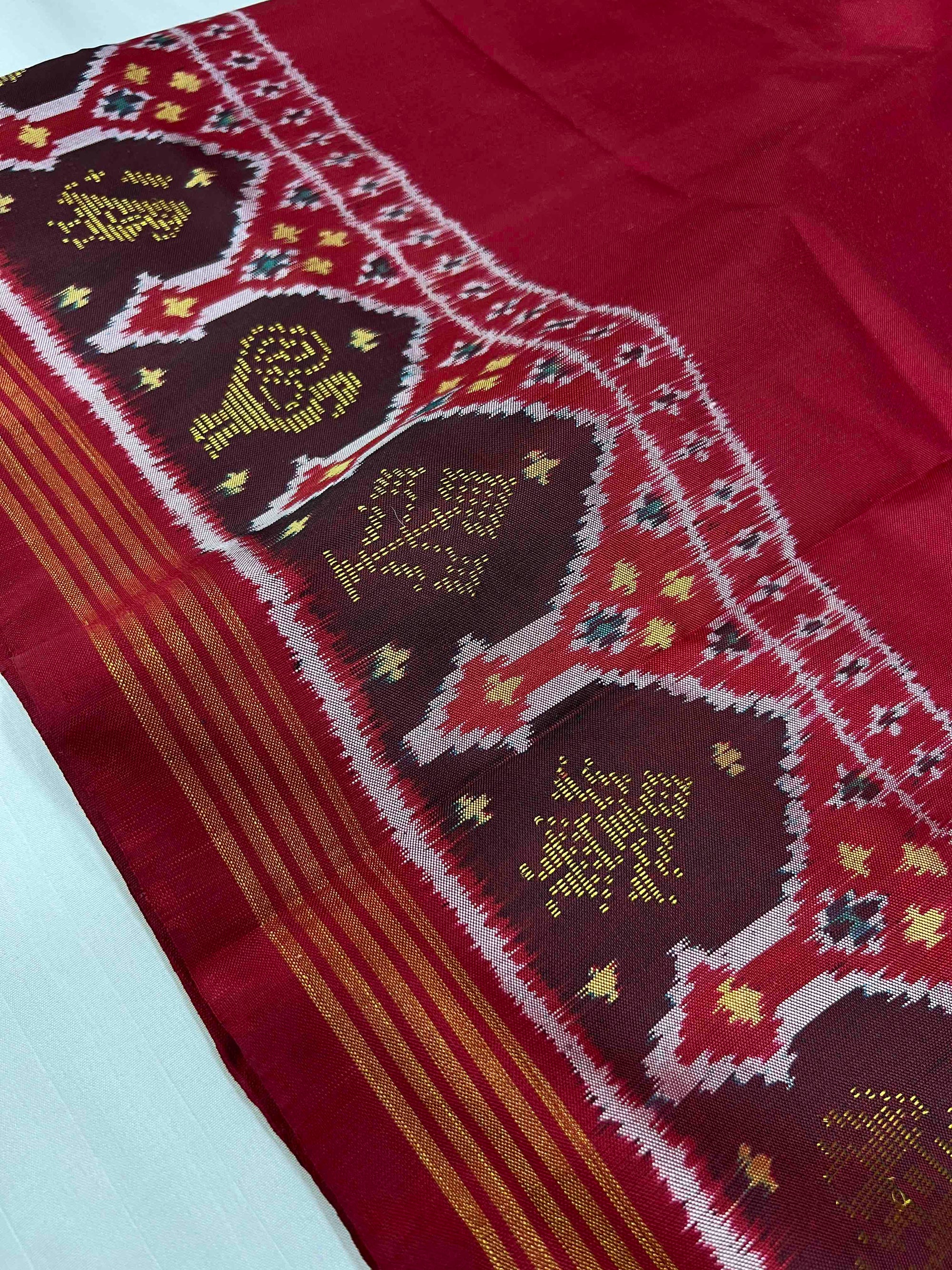 Red Plain With 5 Figure Zari Work Hand Woven Rajkot Ikat Patola Silk Saree