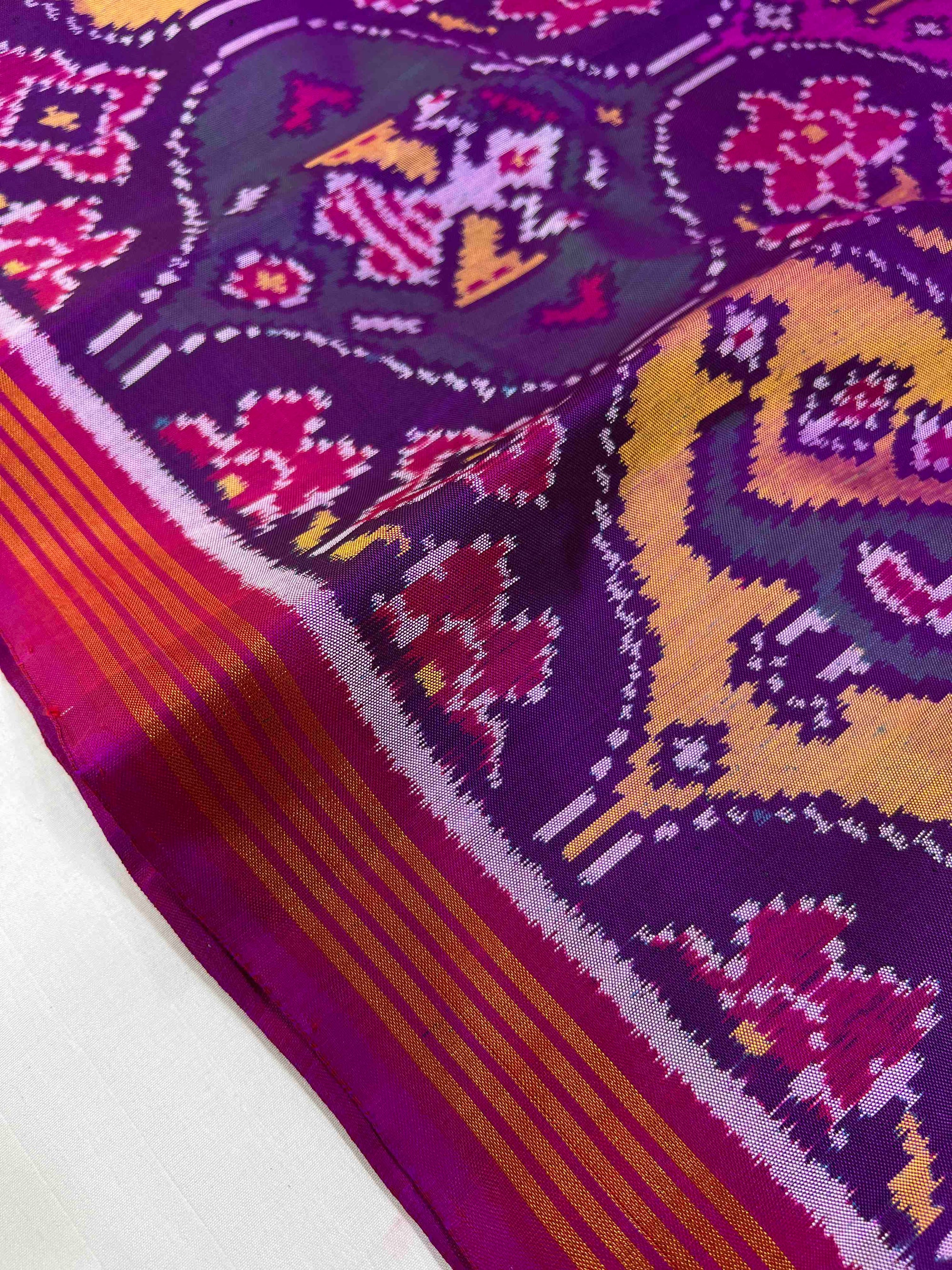 Purple & Pink Multi Big Motifs Hand Woven Rajkot Ikat Patola Silk Saree