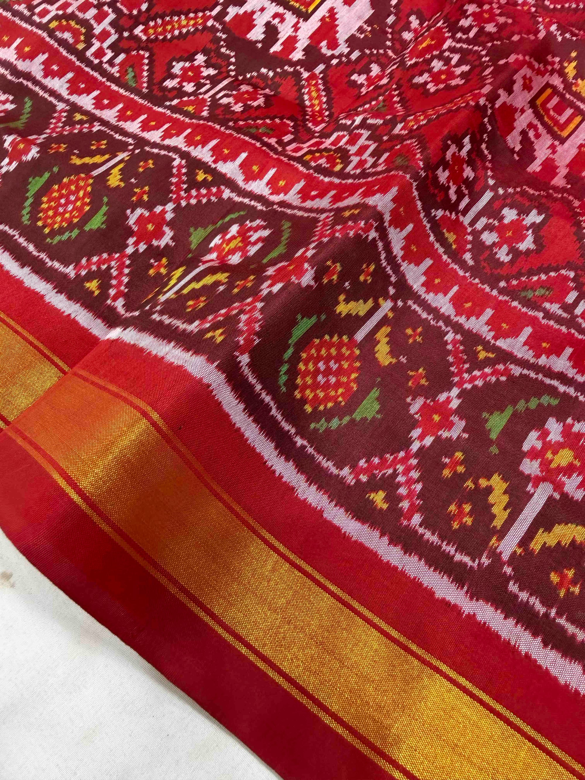 Red With Maroon Elephent Hand Woven Rajkot Patola Silk Saree
