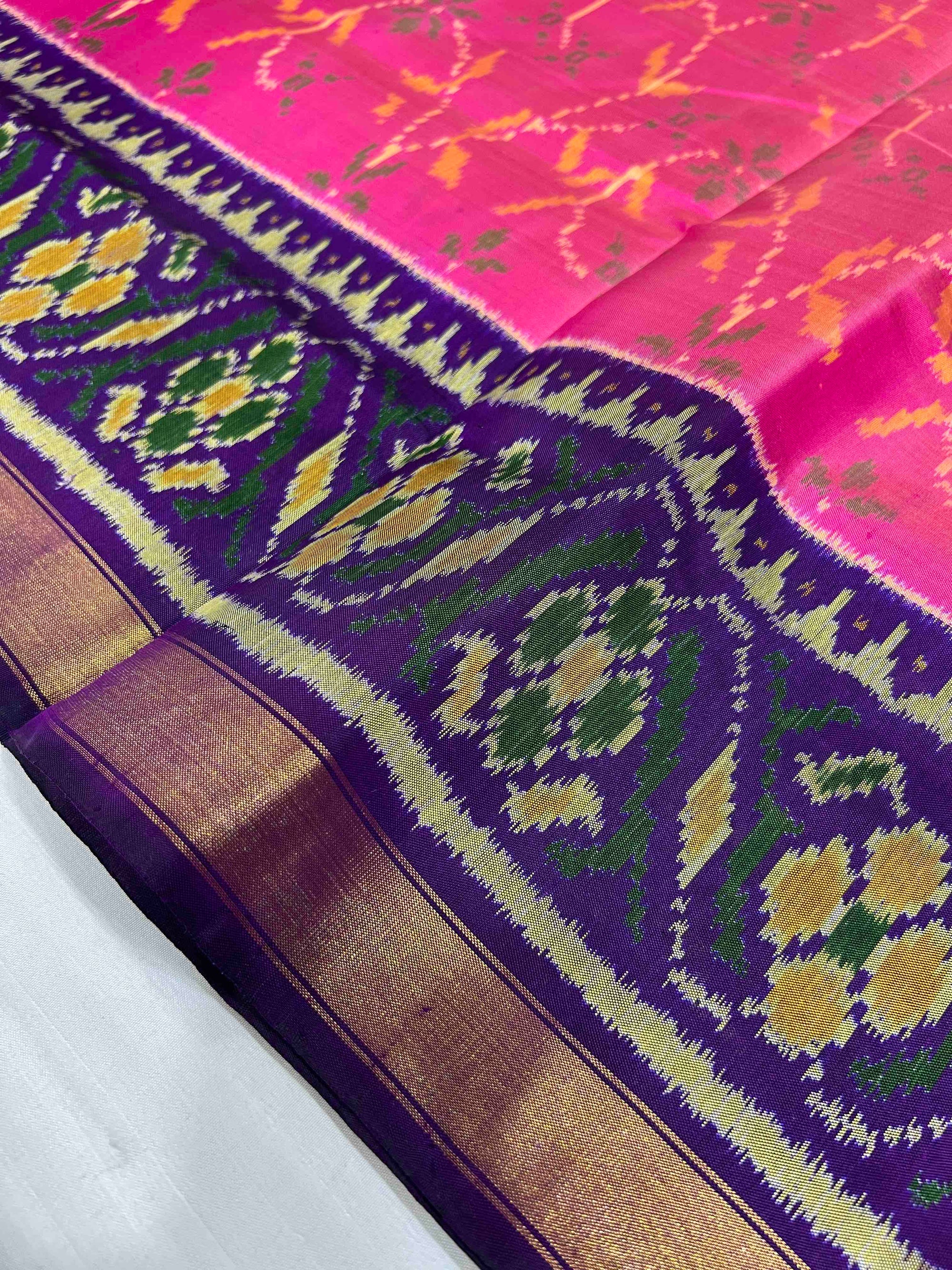 Pink & Dark Purple Fancy Hand Woven Rajkot Patola Silk Saree