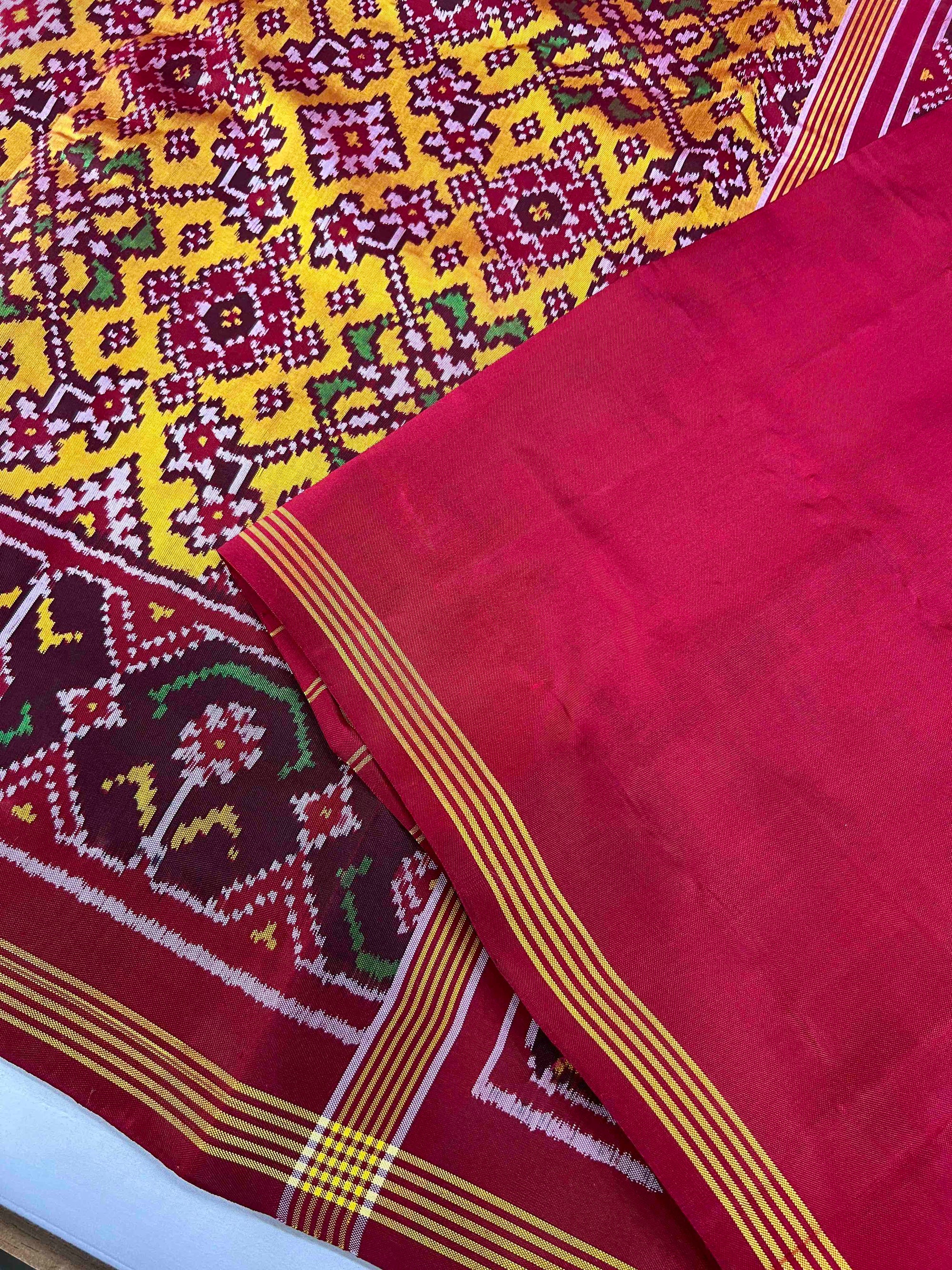 Musturd Yellow Navratan Hand Woven Rajkot Ikat Patola Silk Saree