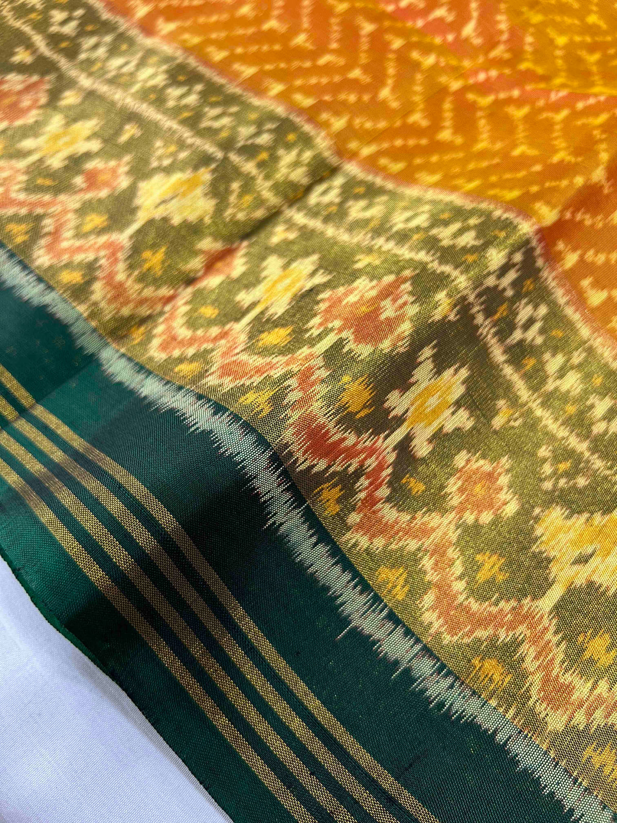 Yellow With Green Laheriya Design Hand Woven Rajkot Patola Silk Saree