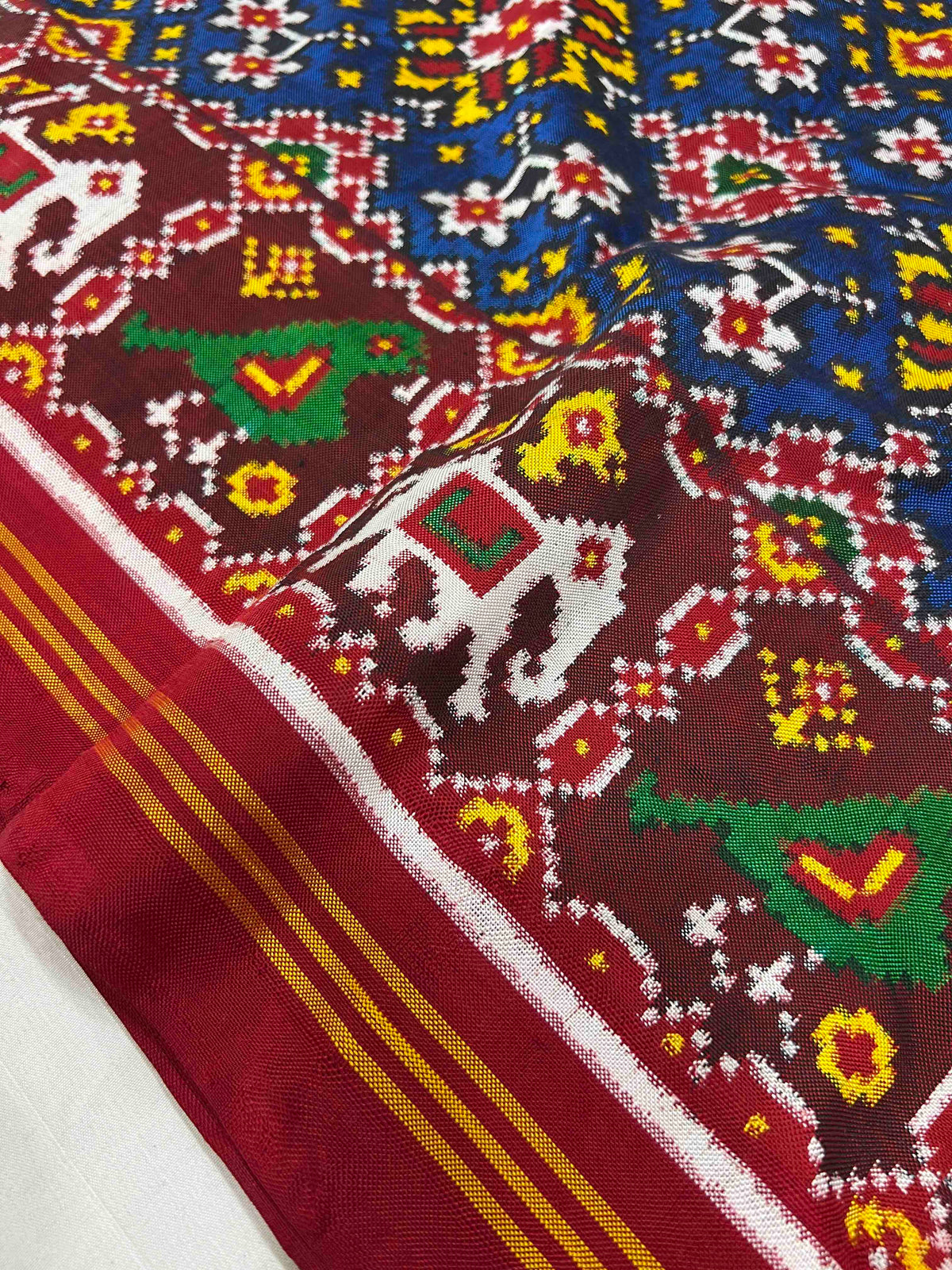 Blue And Maroon Navratan Design Pure Hand Woven Double Ikat Patola Silk Saree