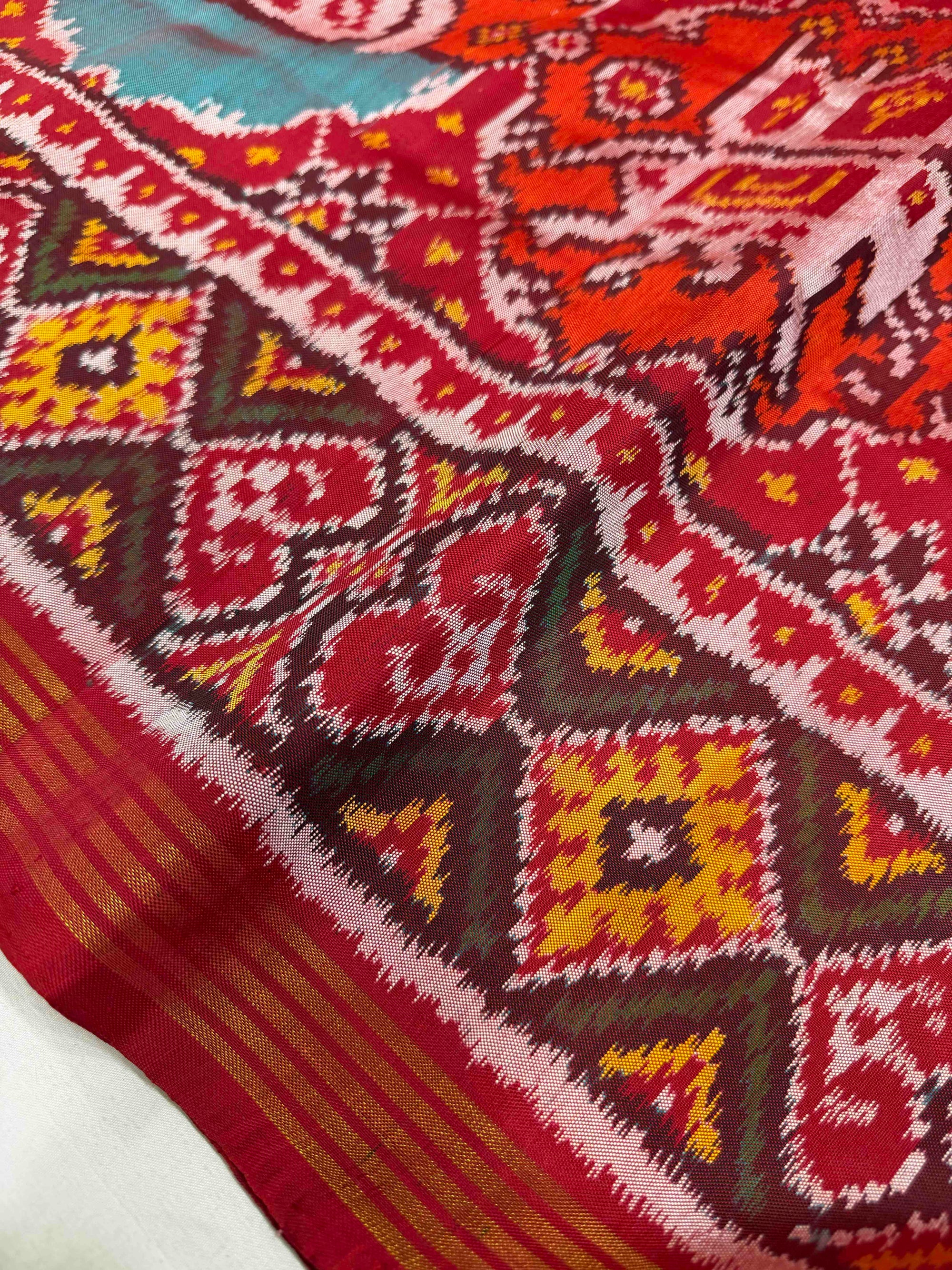 Orange With Red Chabdi Bhat Hand Woven Rajkot Ikat Patola Silk Saree