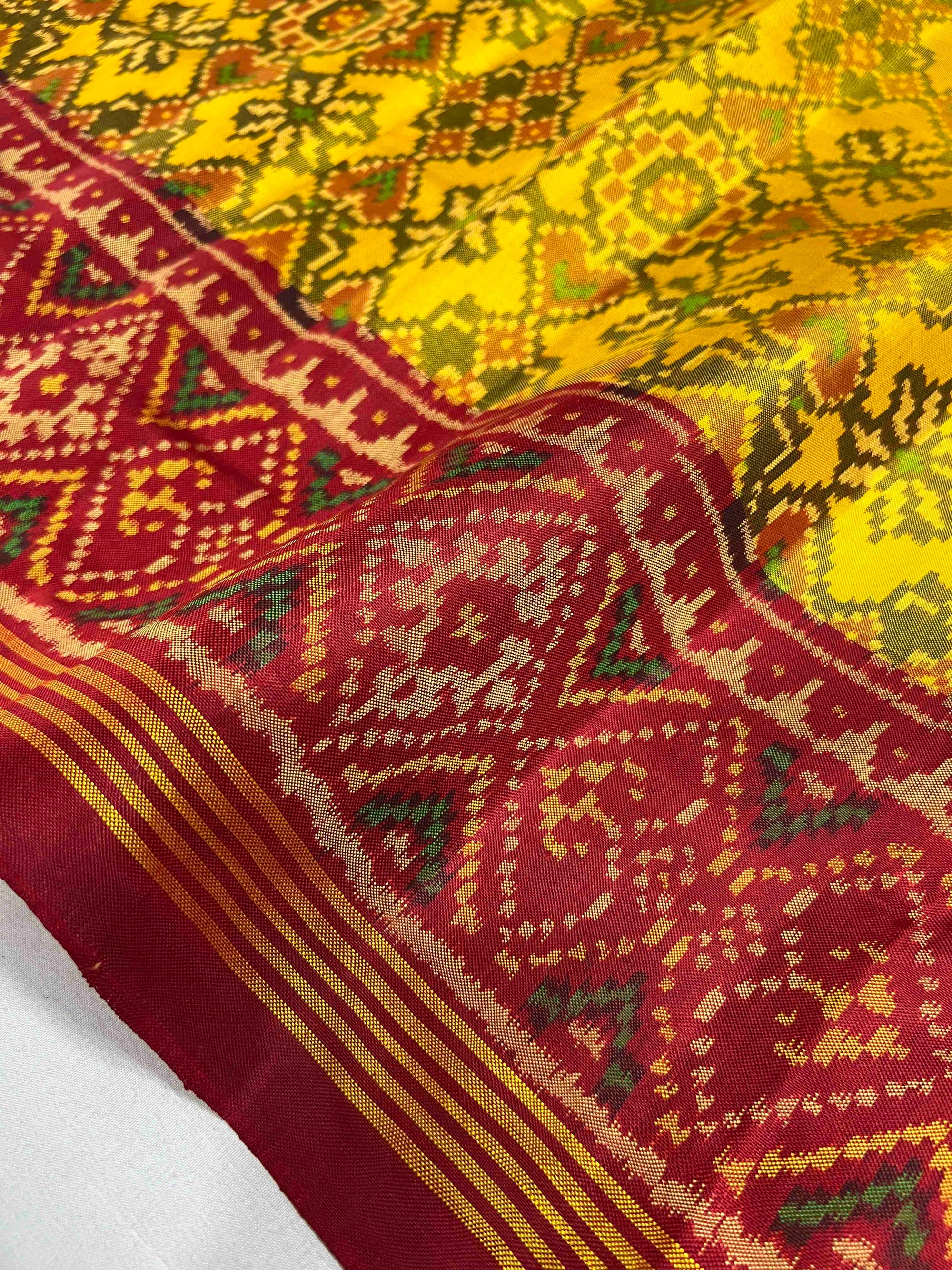 Yellow & Red Manekchok Hand Woven Rajkot Ikat Patola Silk Saree