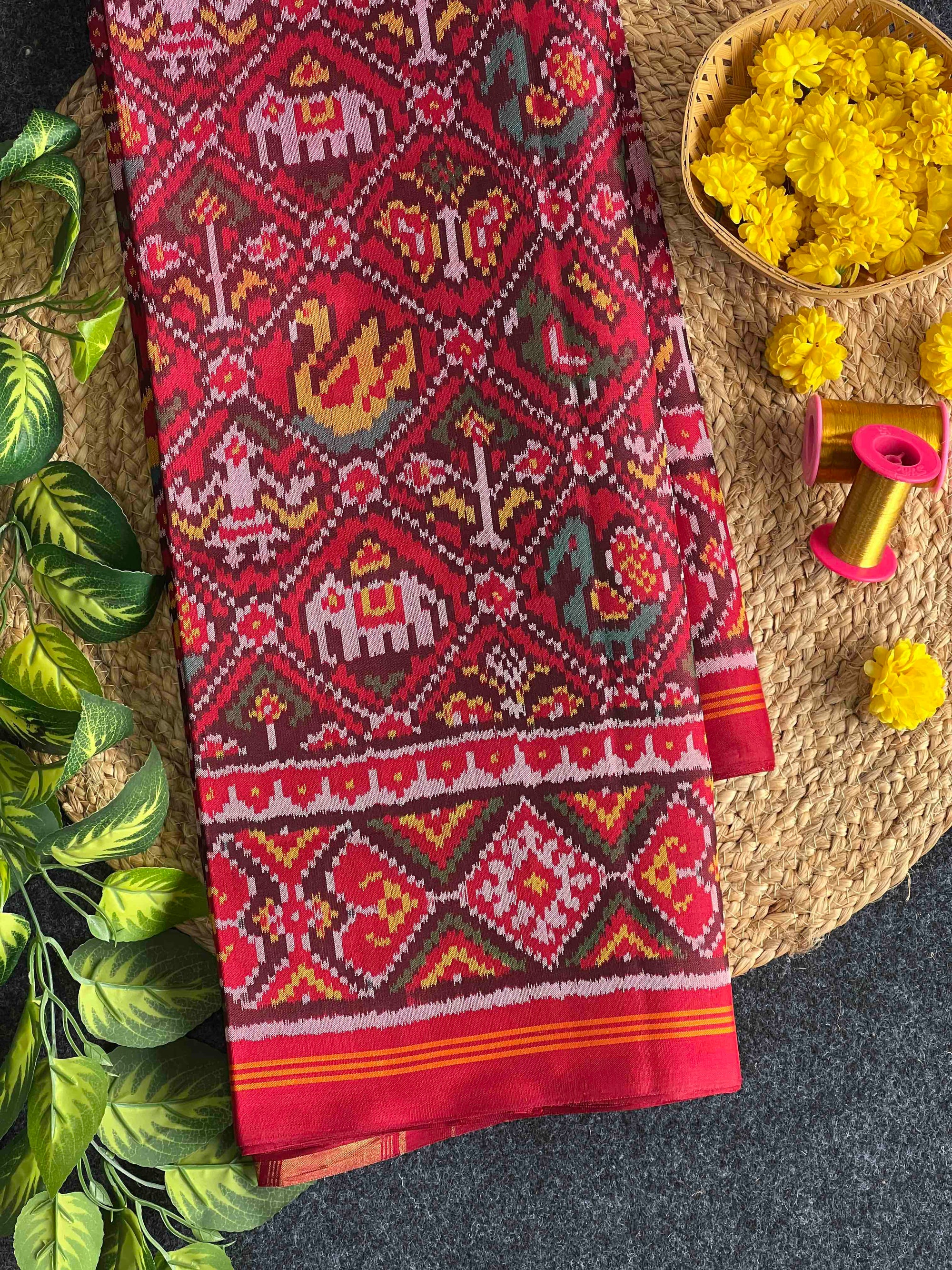 Red Narikunj Design Hand Woven Rajkot Ikat Patola Silk Saree