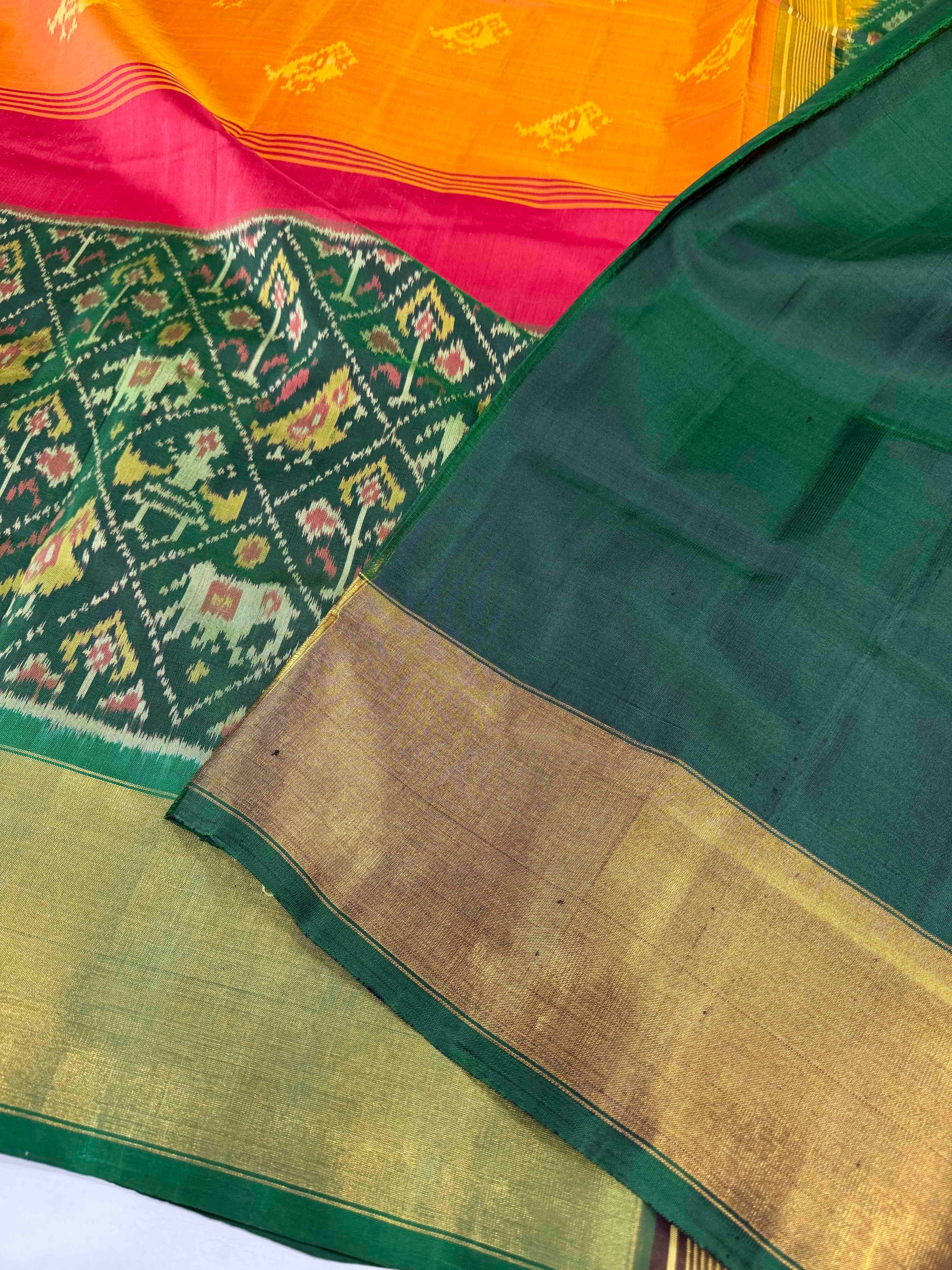 Green Narikunj Skirt With Yellow Red Body Hand Woven Rajkot Patola Silk Saree