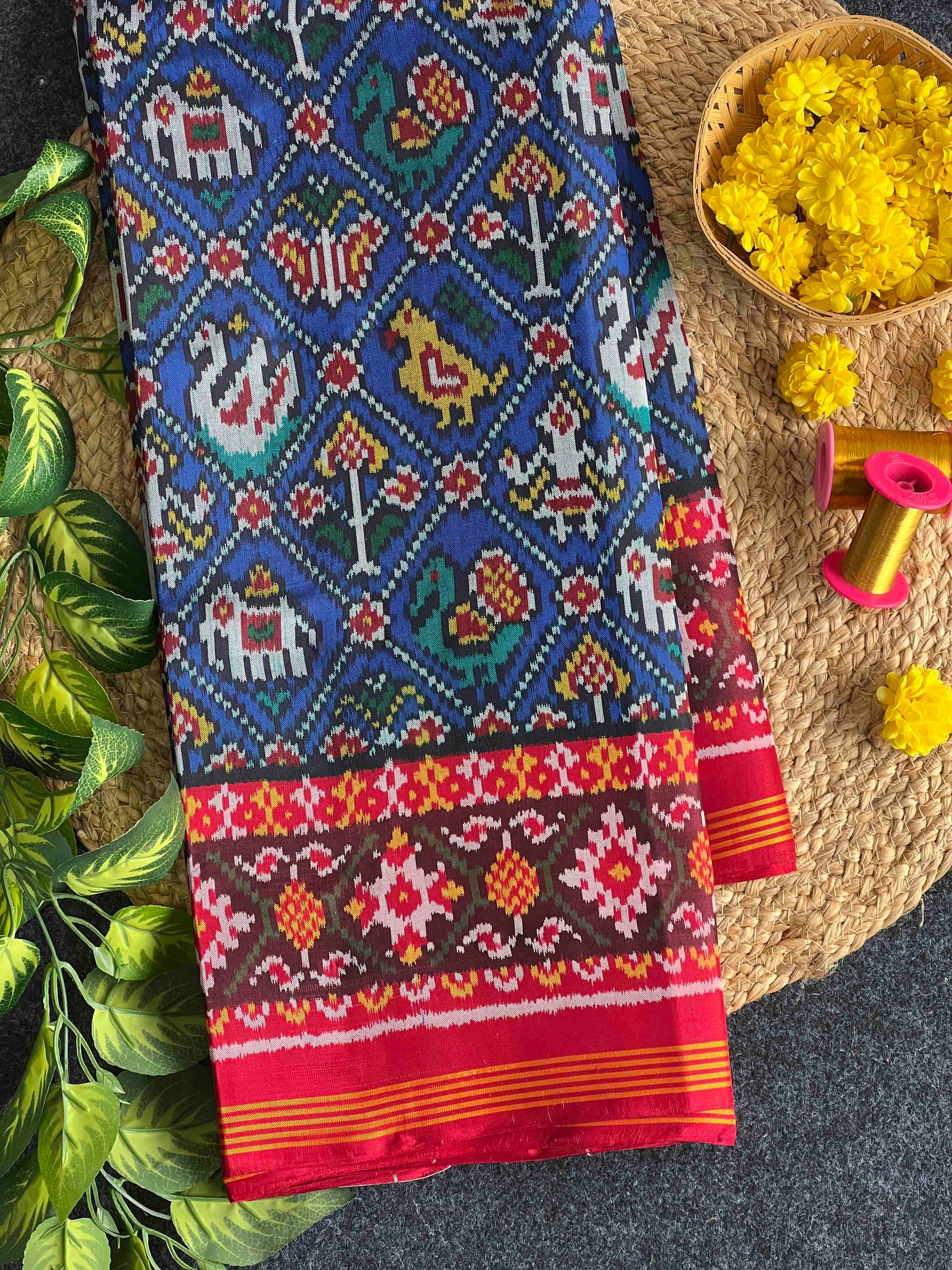 Blue And Red  Narikunj Design Hand Woven Rajkot Ikat Patola Silk Saree