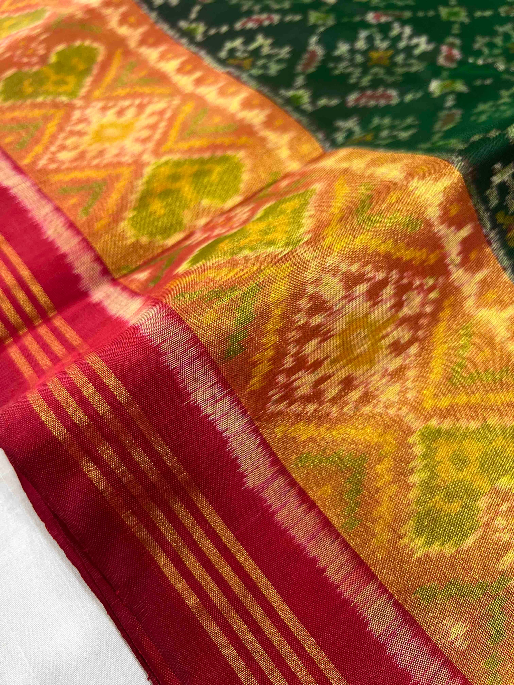 Green And Red Fancy Design Hand Woven Rajkot Patola Silk Saree
