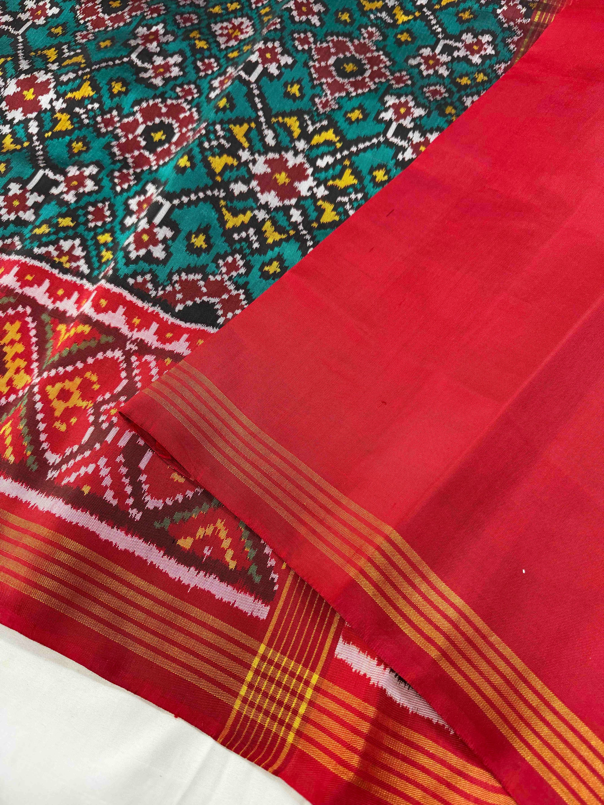 Sea Green & Red Navratan Design Rajkot Ikat Patola Silk Saree
