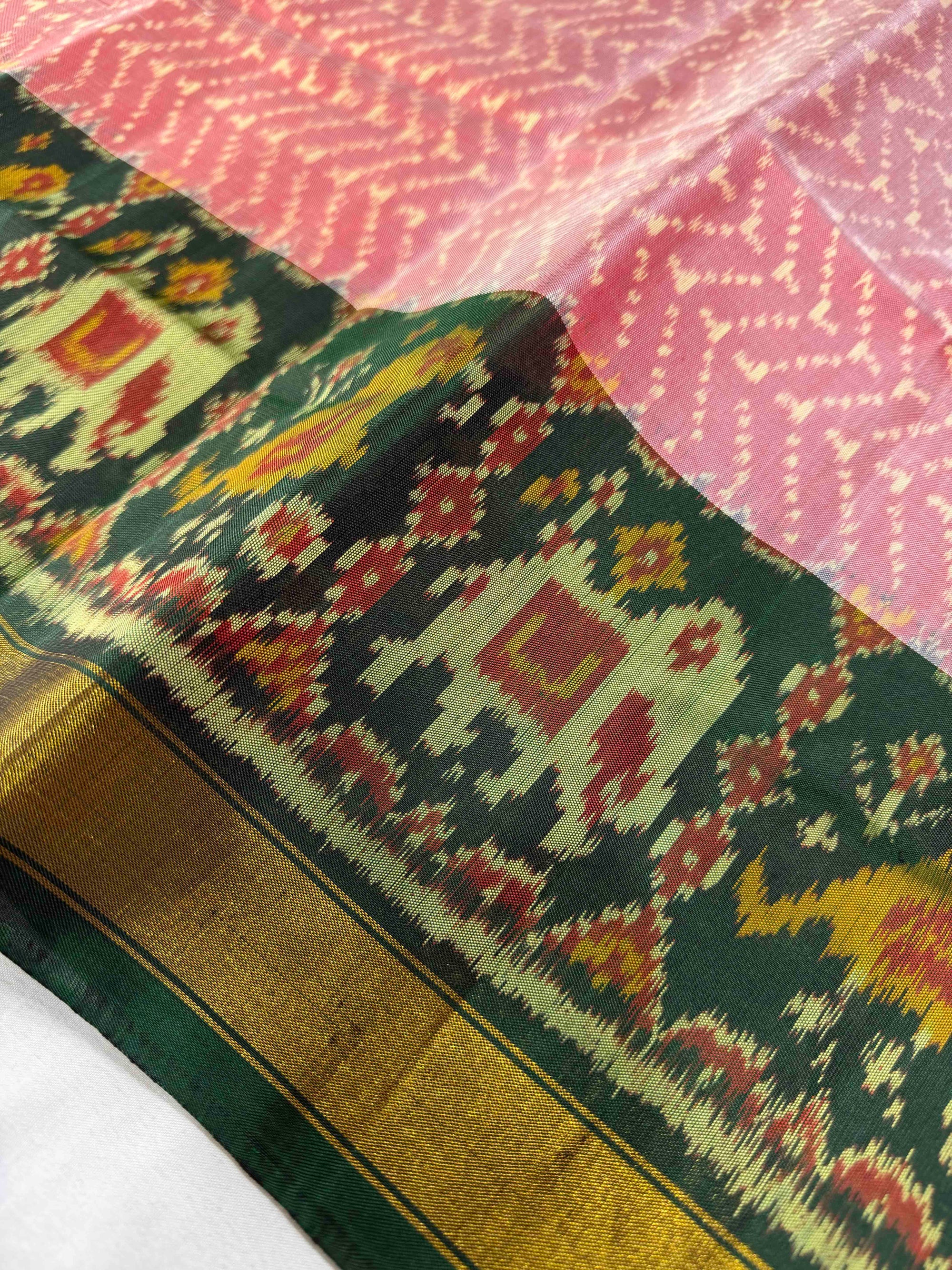 Light Pink & Green Hand Woven Rajkot Patola Silk Saree
