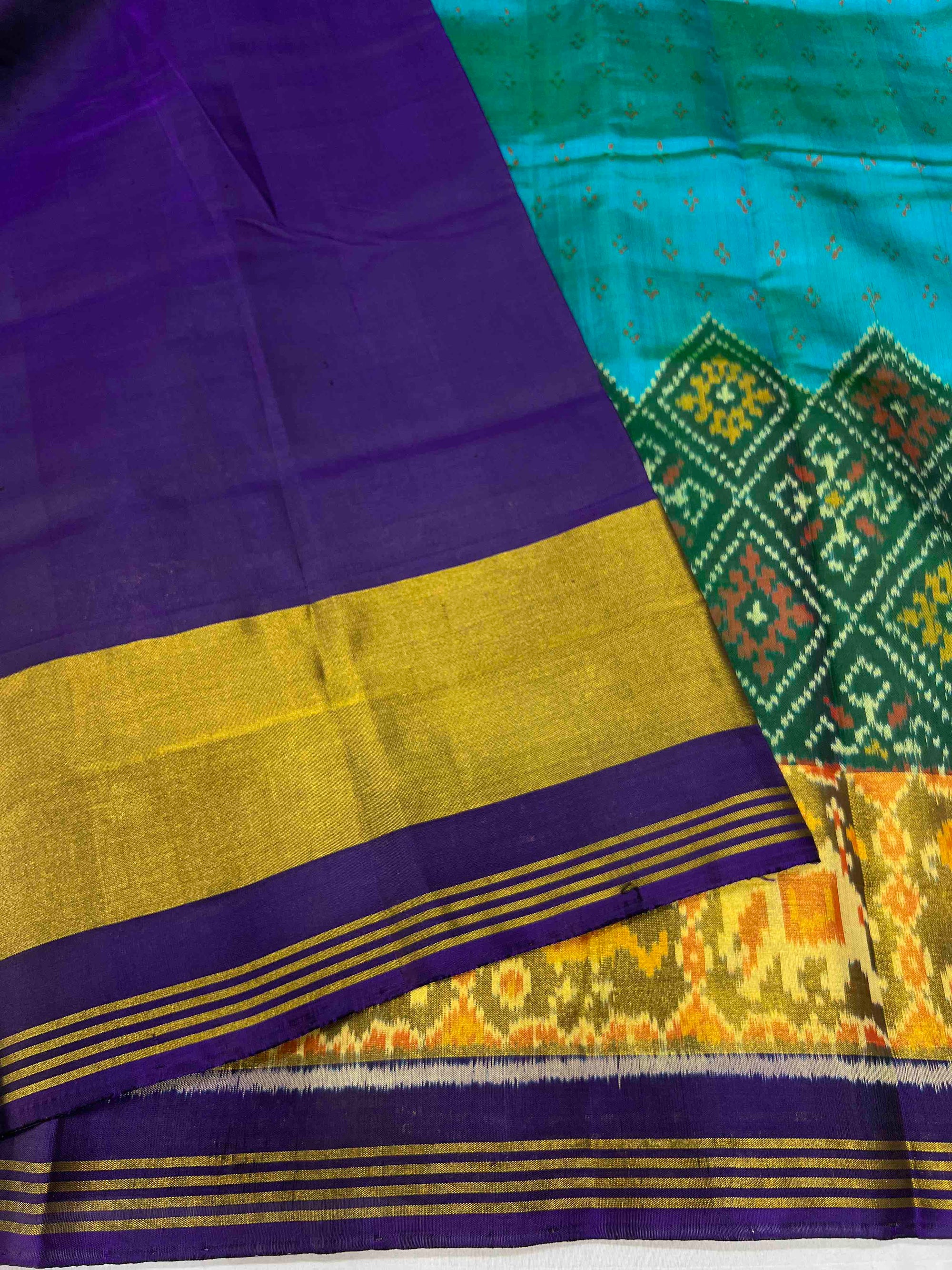 Sky Blue , Green And Purple Skirt Border Hand Woven Rajkot Patola Silk Saree