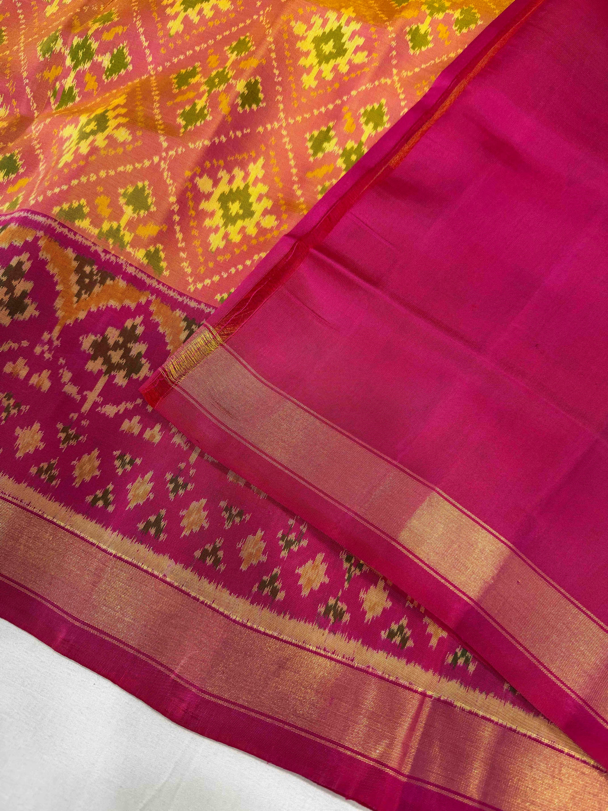 Pieach With Pink Paanchanda Design Hand Woven Rajkot Patola Silk Saree