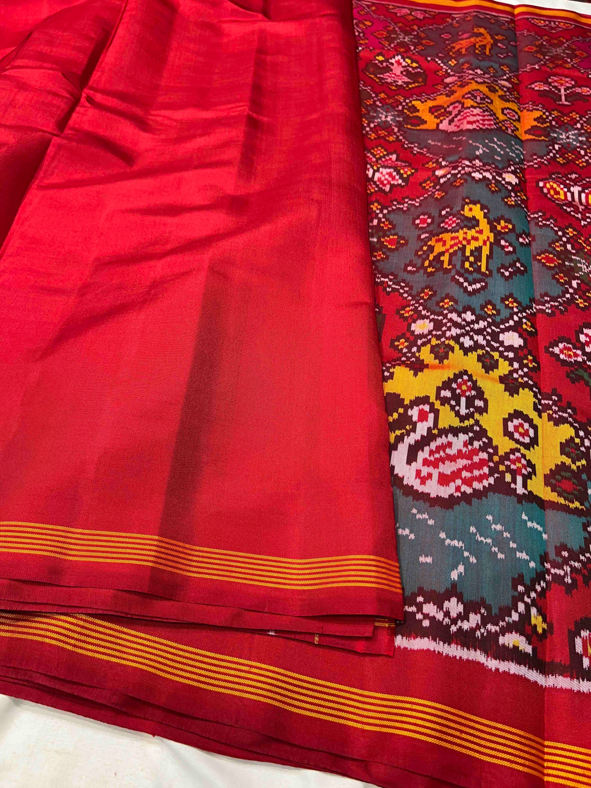 Multi Color Big Motif Hand Woven Rajkot Ikat Patola Silk Saree
