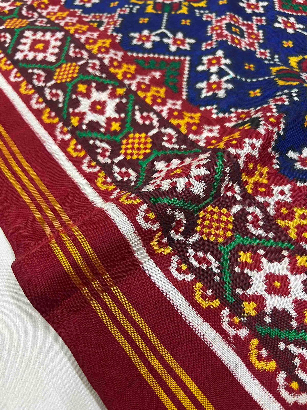 Blue And Red Navratan Design Pure Hand Woven Double Ikat Patola Silk Saree