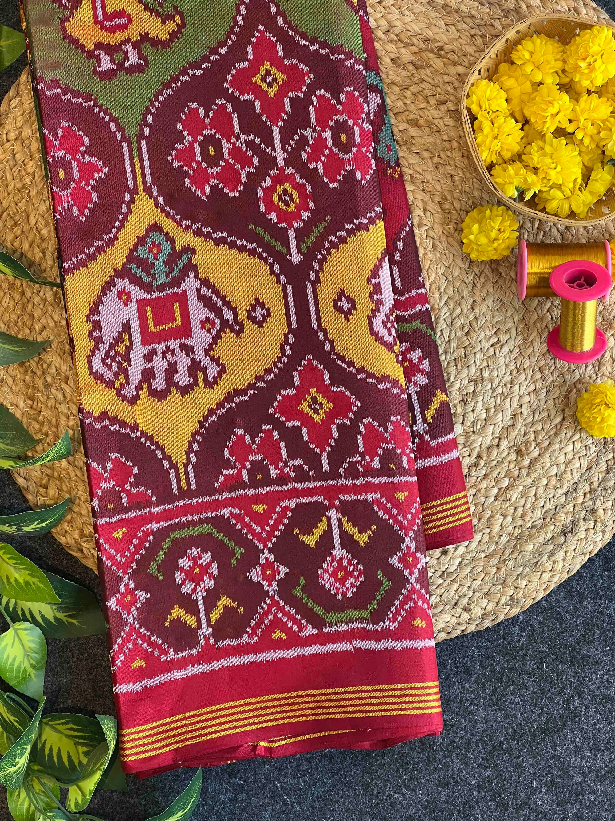 Maroon Big Motifs Design Hand Woven Ikat Patola Silk Saree