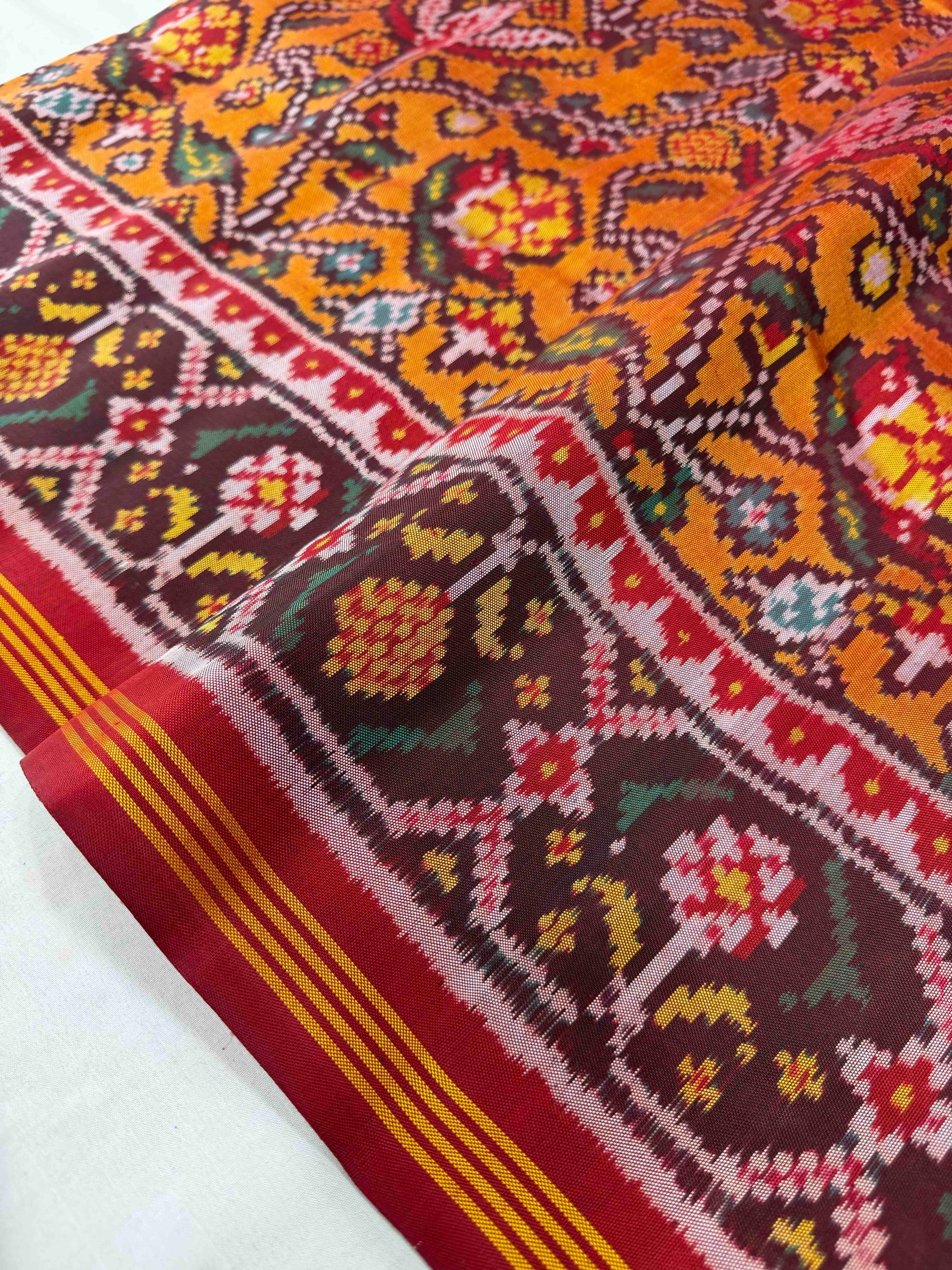 Orange & Red Hand Woven Rajkot Ikat Patola Silk Saree