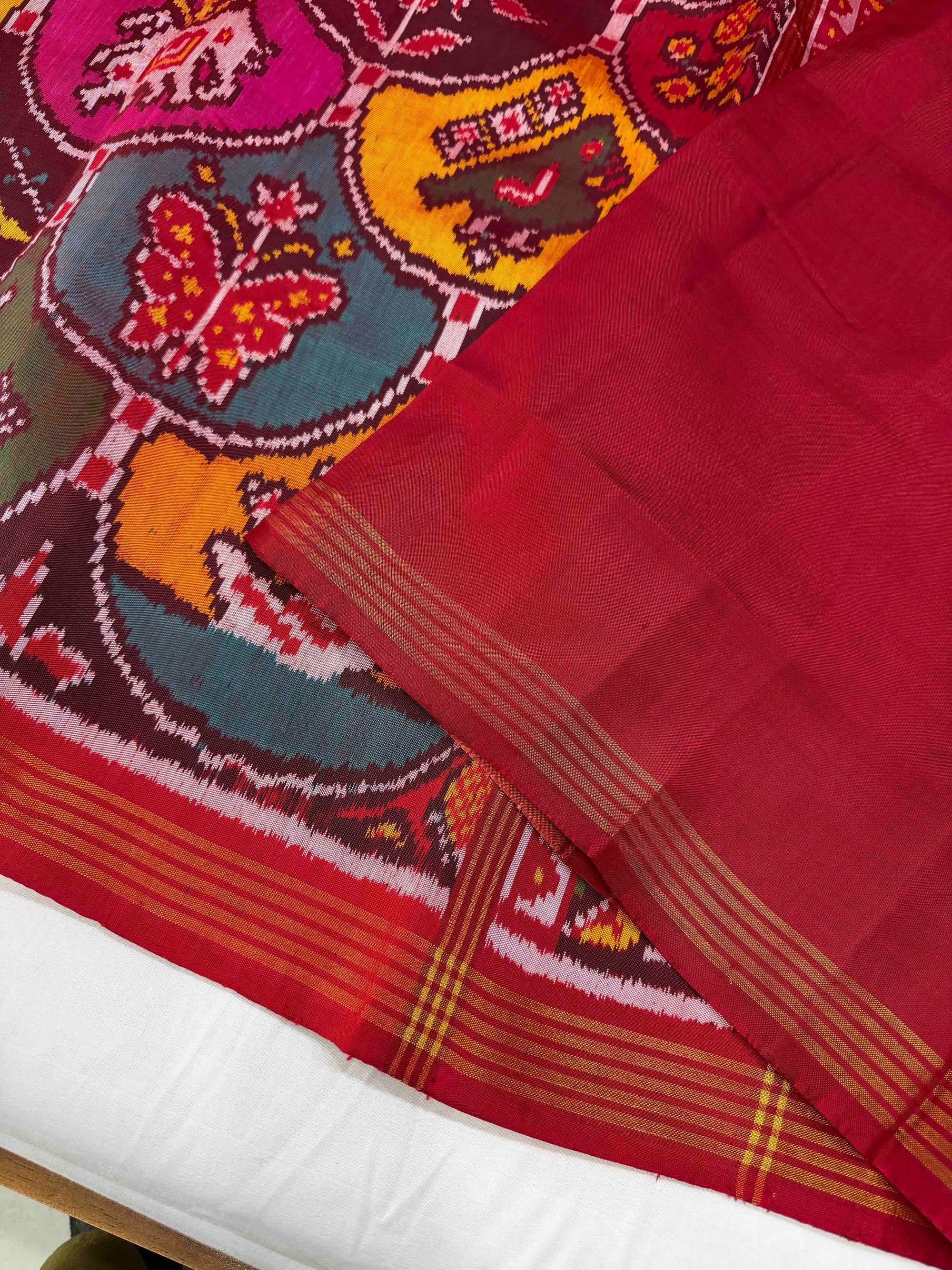 Multi Color Big Motifs Design Hand Woven Rajkot Ikat Patola Silk Saree