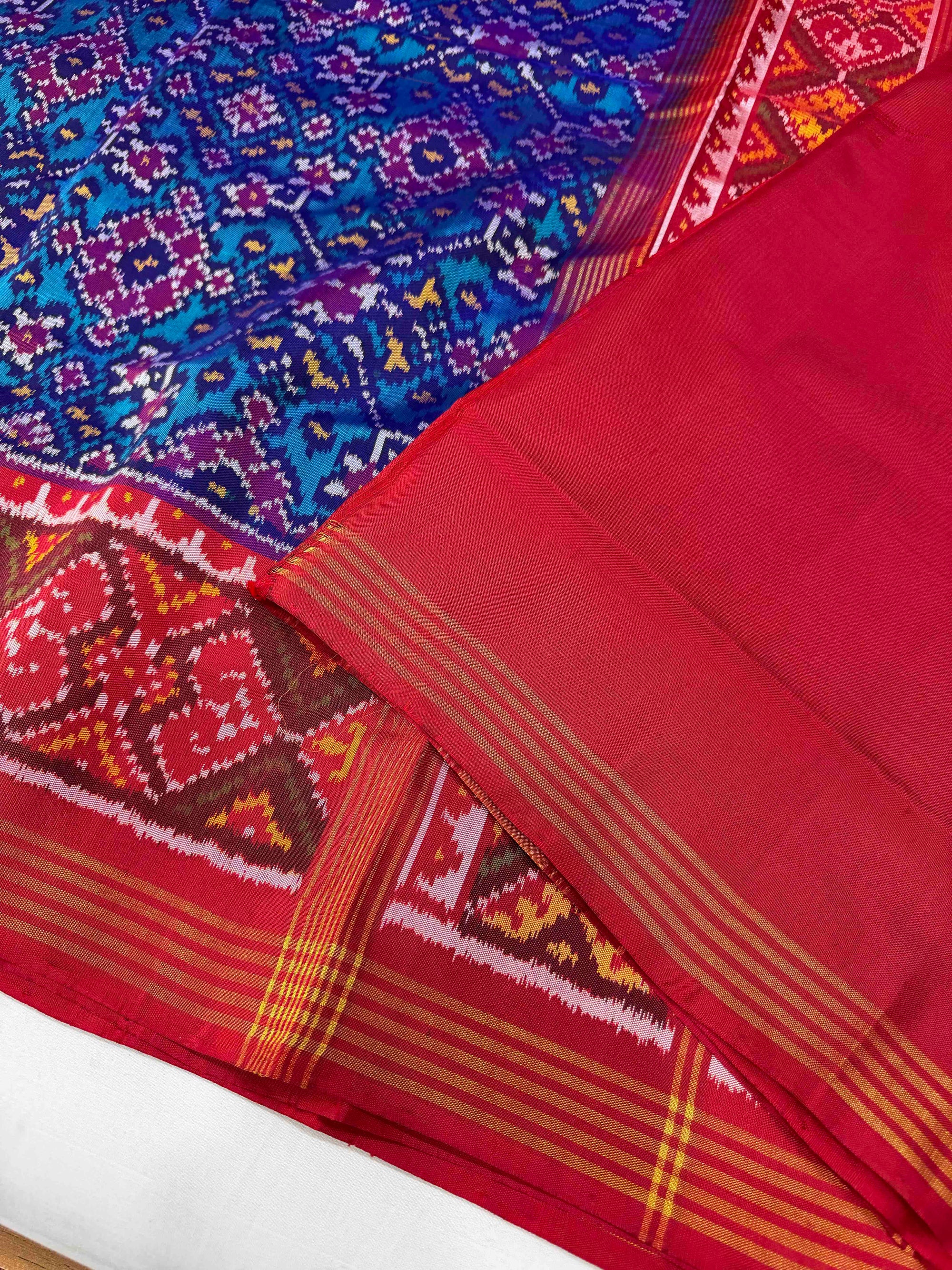 Sky Blue With Red Navratan Design Hand Woven Rajkot Ikat Patola Silk Saree