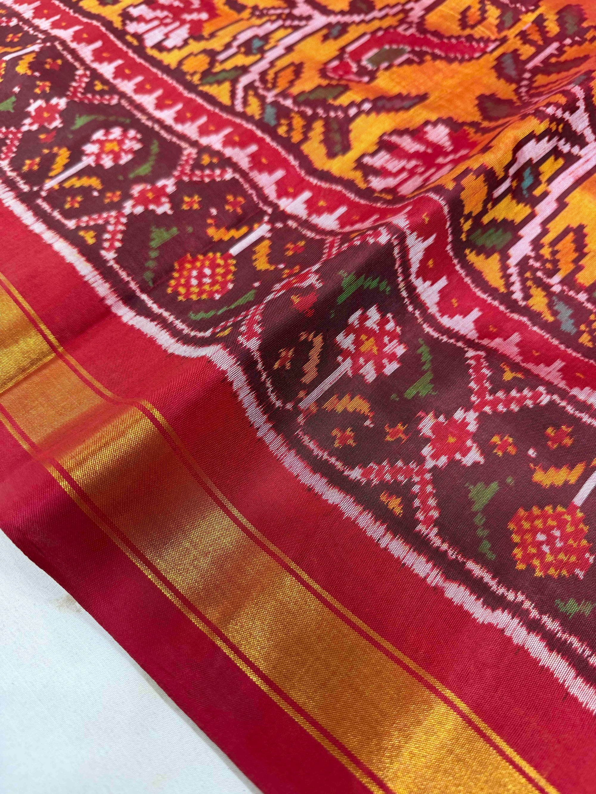 Musturd Yellow With Maroon Fancy Hand Woven Rajkot Patola Silk Saree