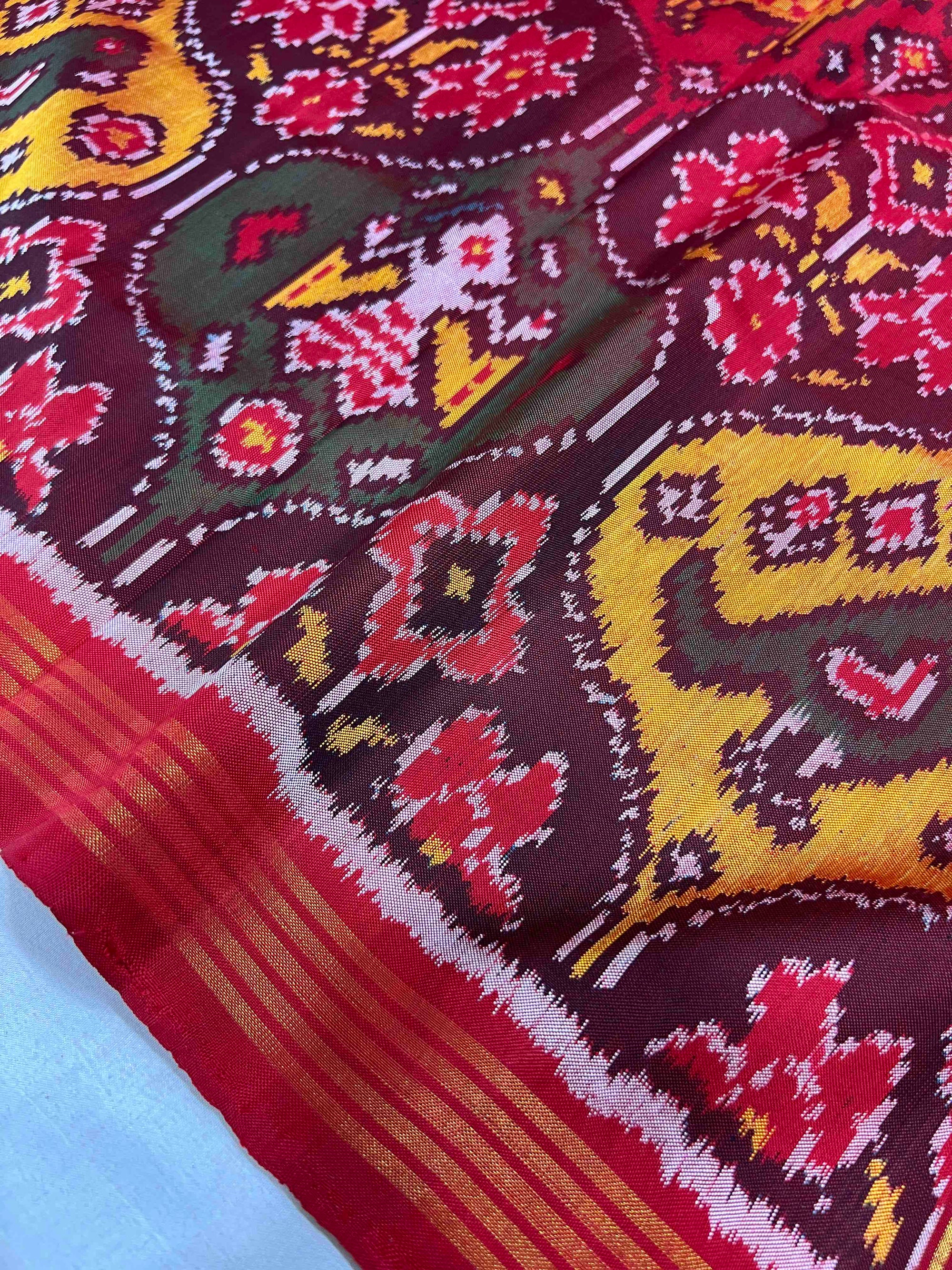 Red With Multi Big Motifs Hand Woven Rajkot Ikat Patola Silk Saree