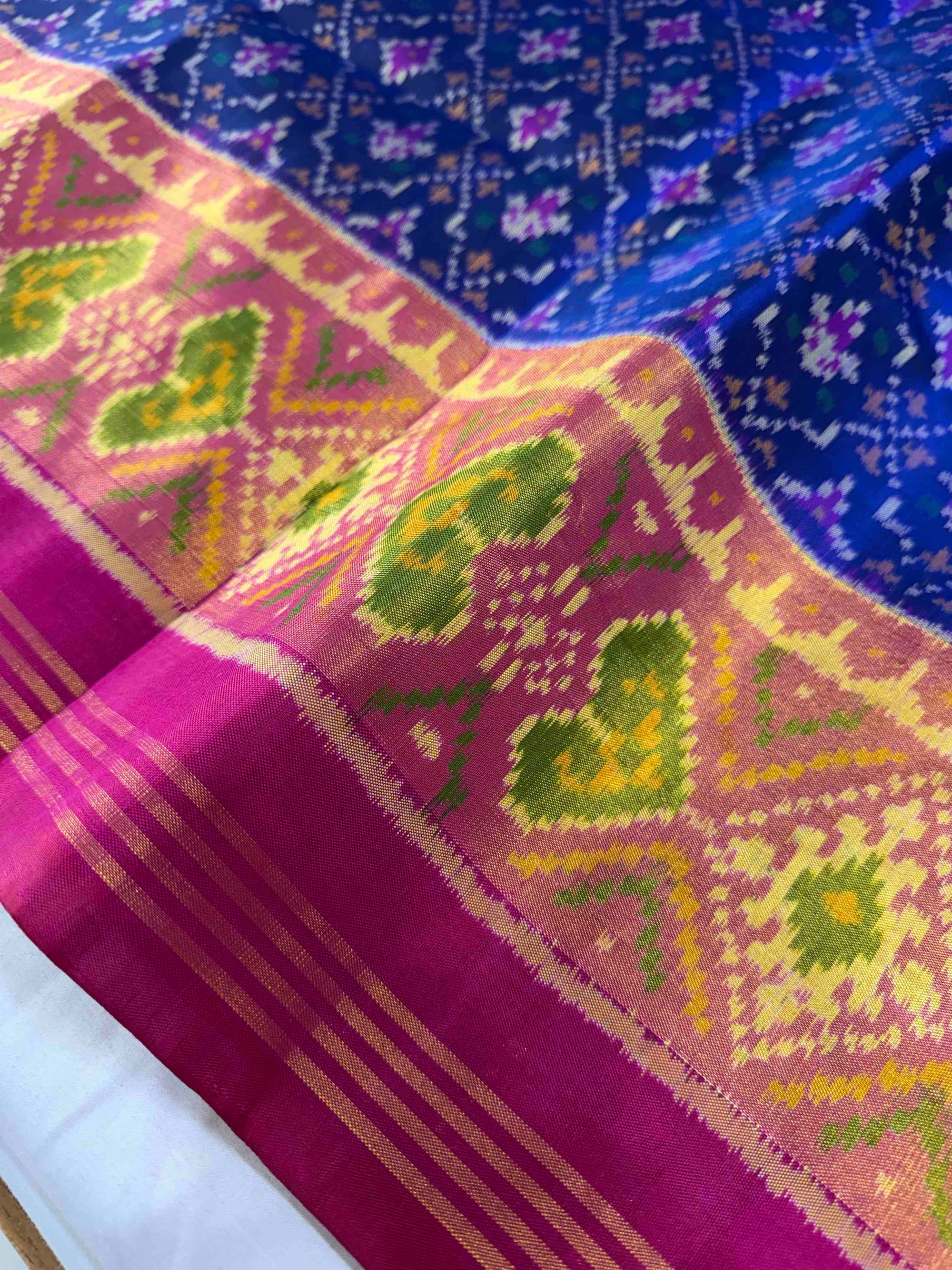 Blue & Pink ButtonFull Hand Woven Rajkot Patola Silk Saree