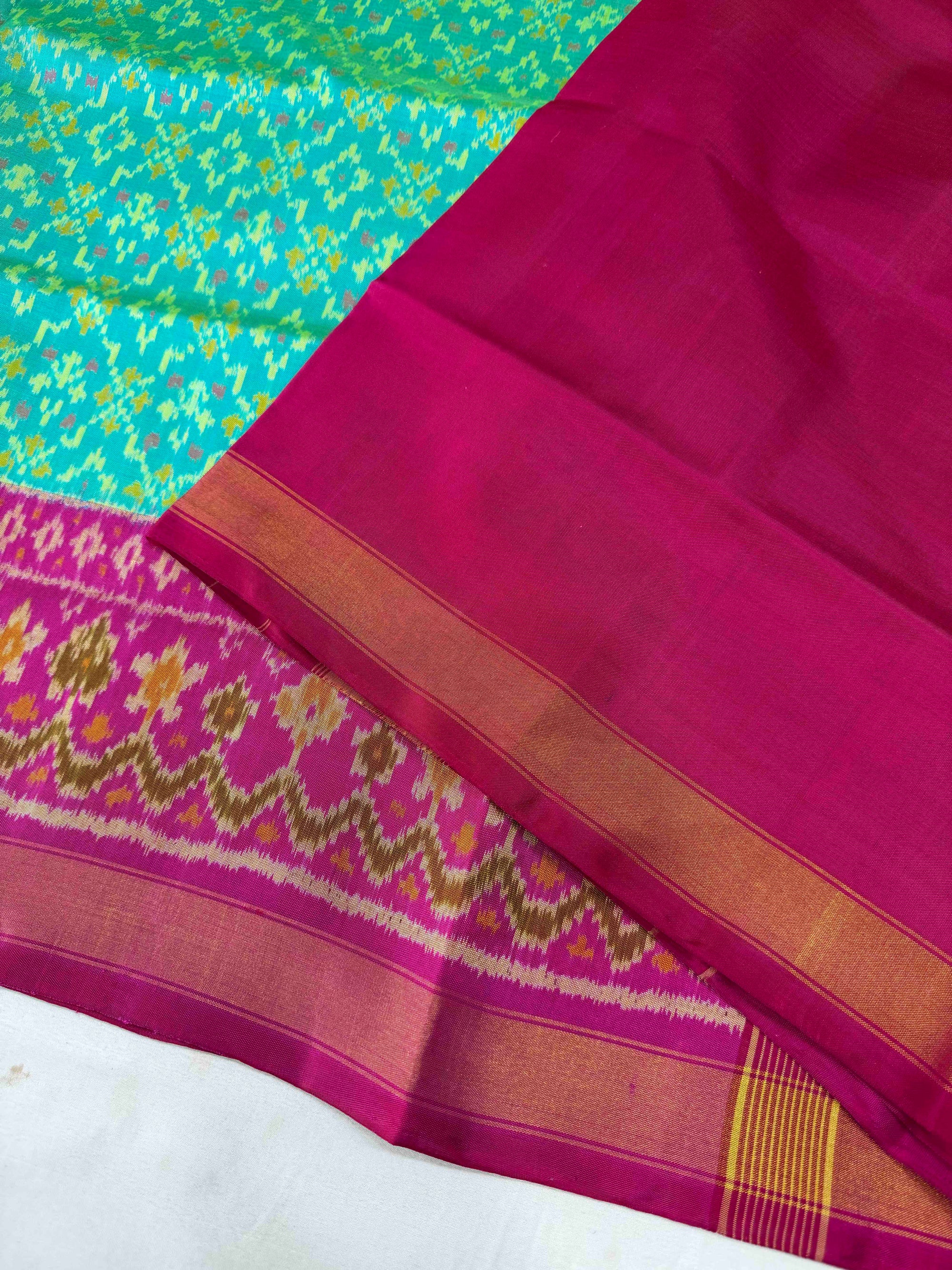 Sky Blue & Pink Buttonfull Design Hand Woven Rajkot Patola Silk Saree