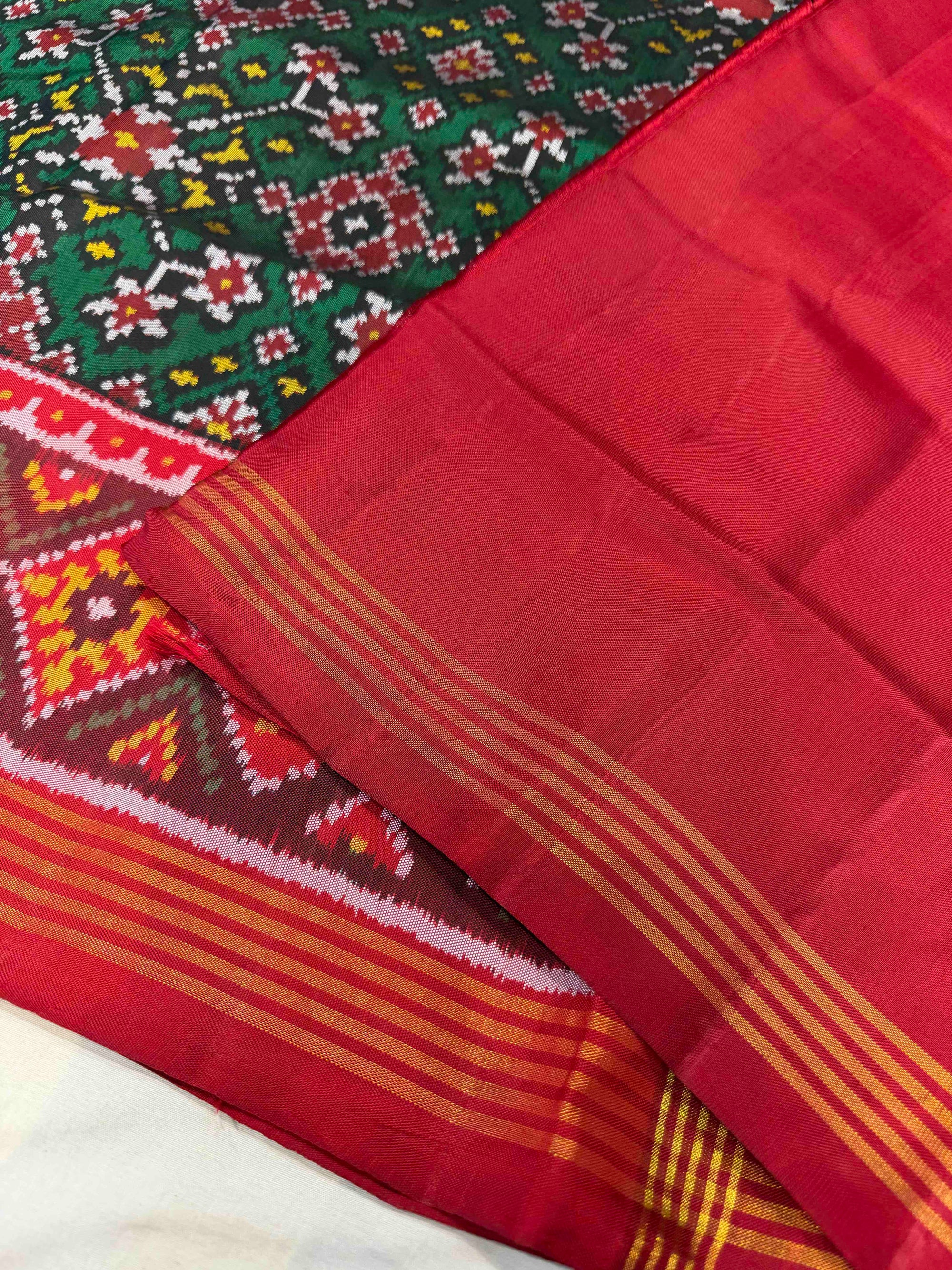 Green & Red Navratan Design Rajkot Ikat Patola Silk Saree
