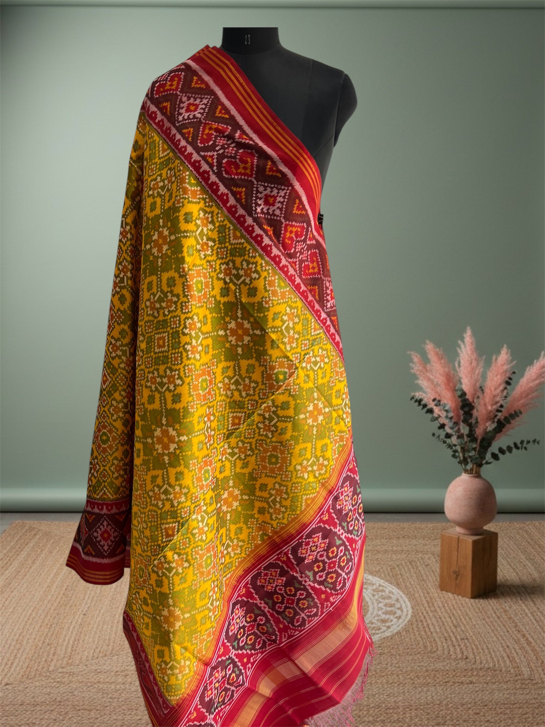 Yellow & Red Hand Woven Rajkot ikat Patola Dupatta
