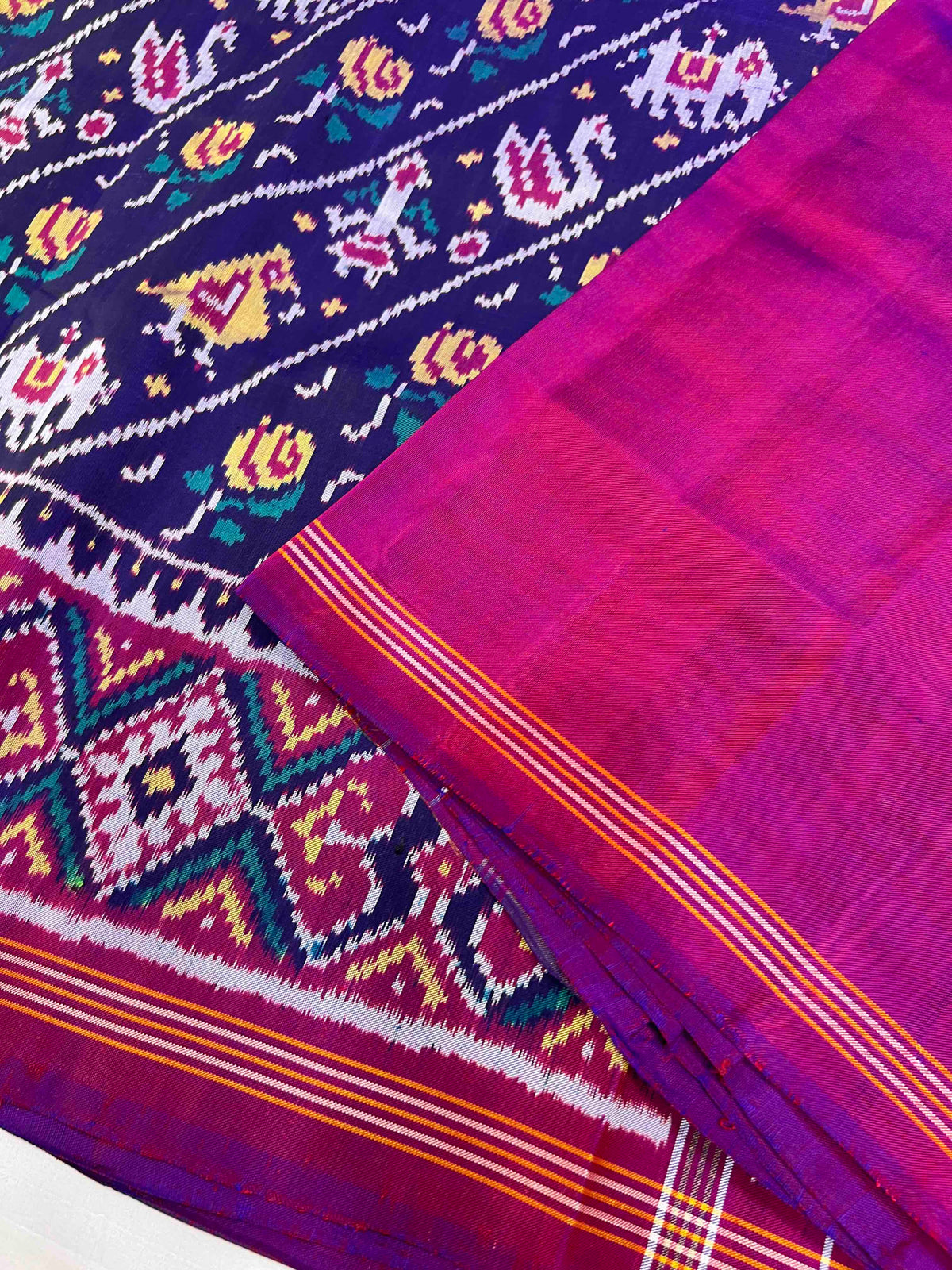 Blue With Magenta Laheriya Design Hand Woven Rajkot Ikat Patola Silk Saree