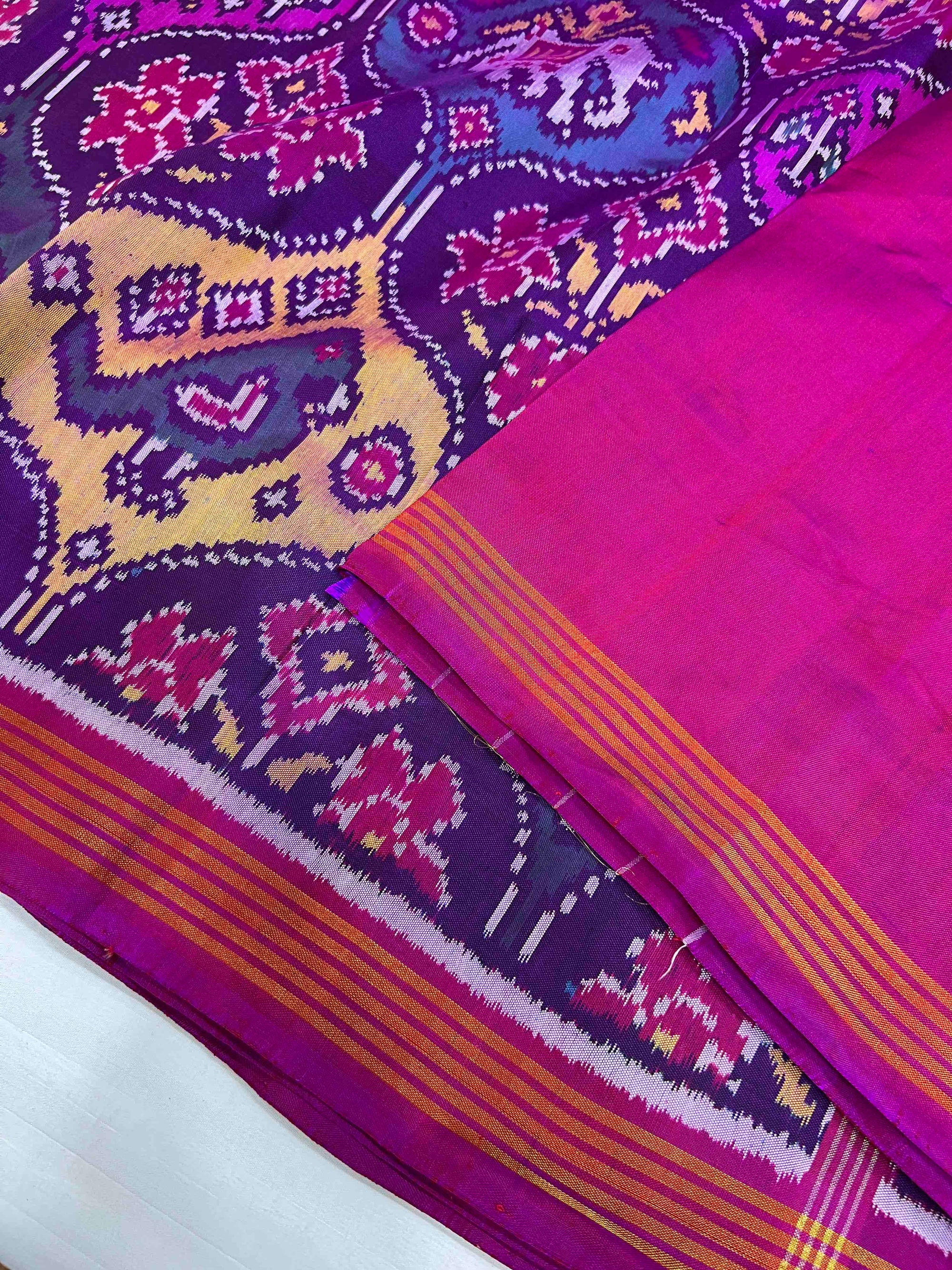 Purple & Pink Multi Big Motifs Hand Woven Rajkot Ikat Patola Silk Saree