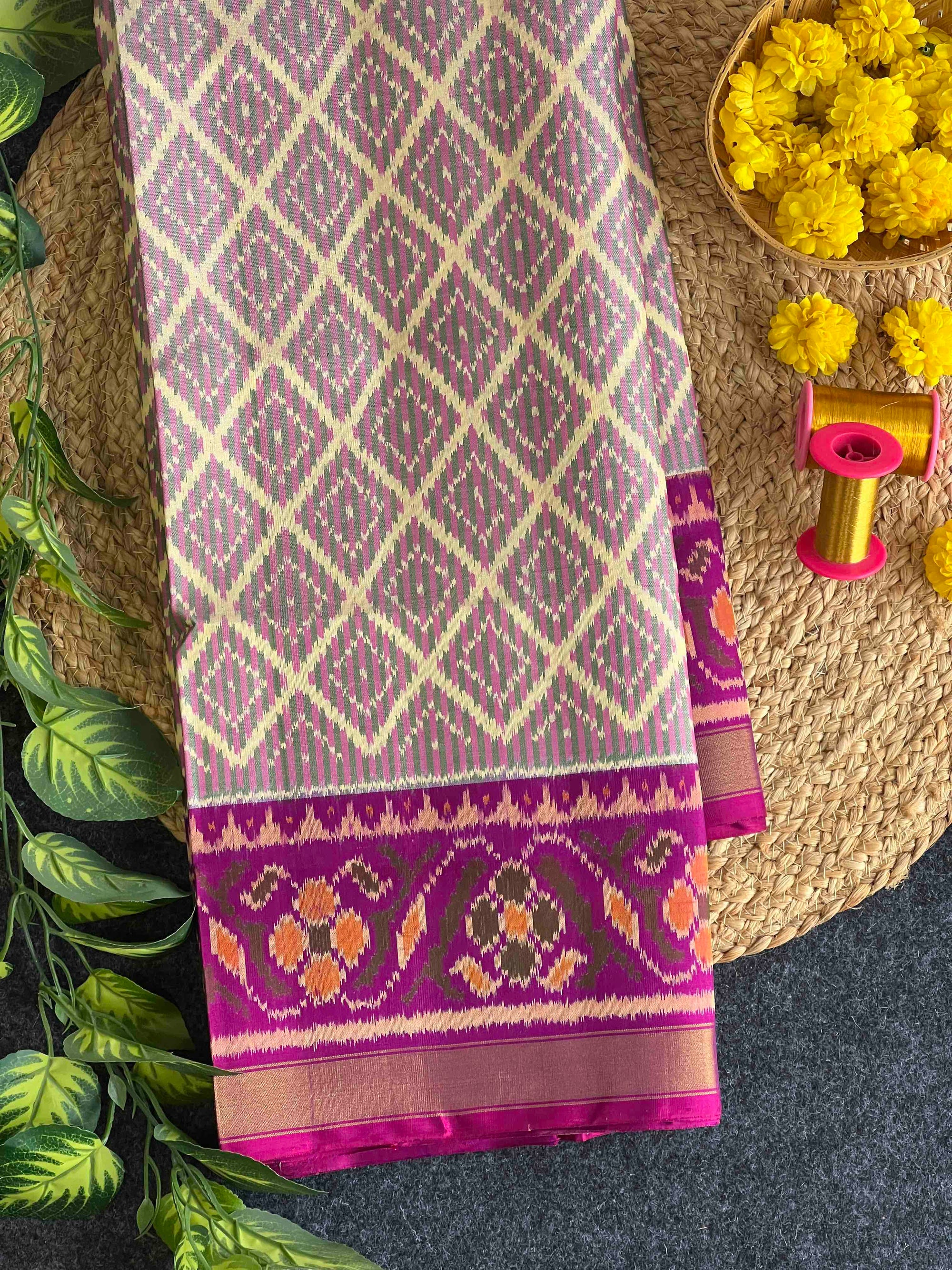 Baby Pink With Purple Hand Woven Rajkot Patola Silk Saree