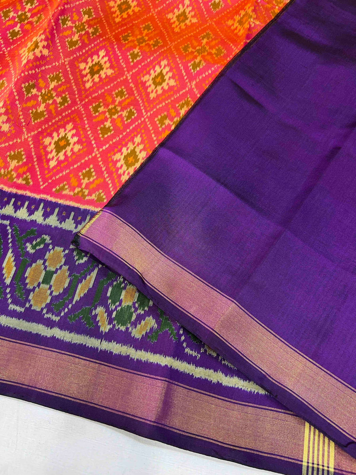 Peach With Purple Paanchanda Hand Woven Rajkot Patola Silk Saree