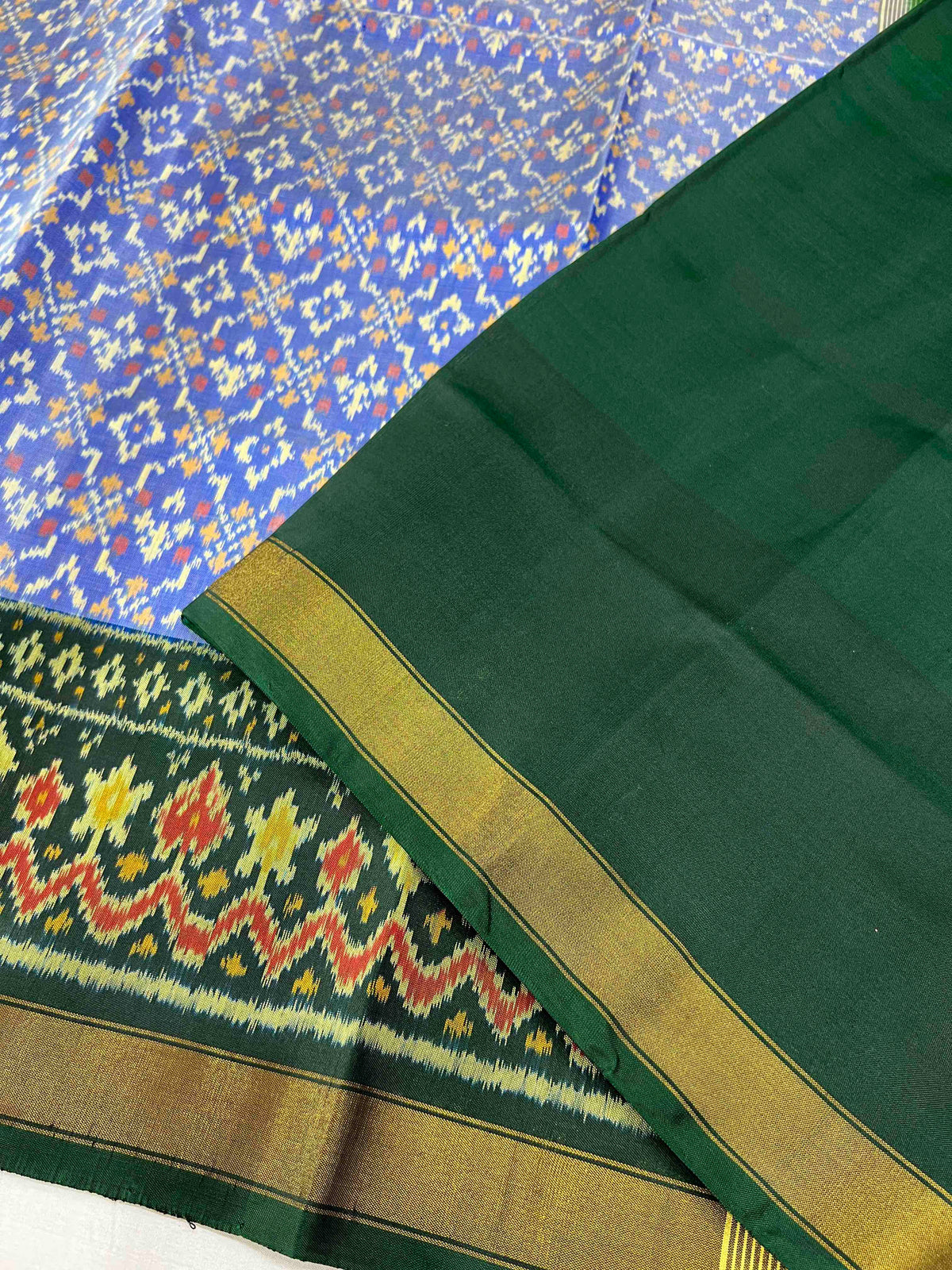 Sky Blue With Green Button Bhat Hand Woven Rajkot Patola Silk Saree