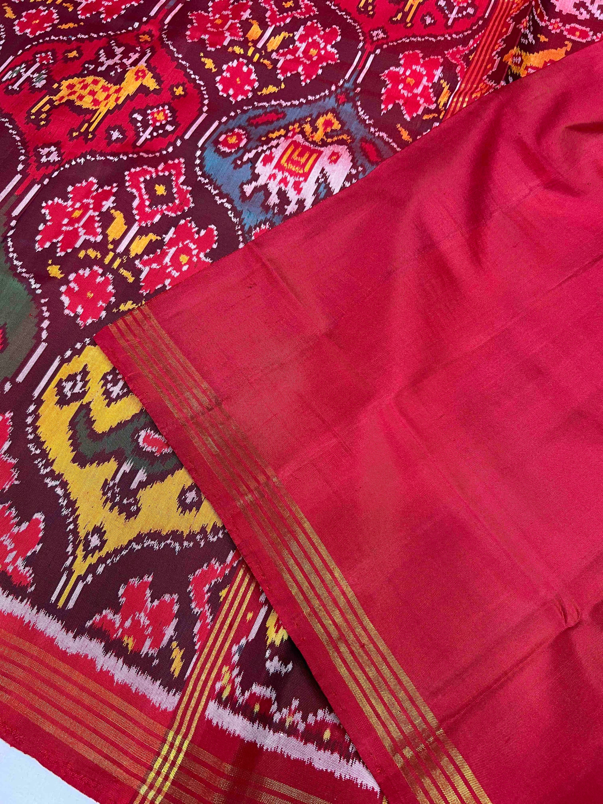 Red With Multi Big Motifs Hand Woven Rajkot Ikat Patola Silk Saree