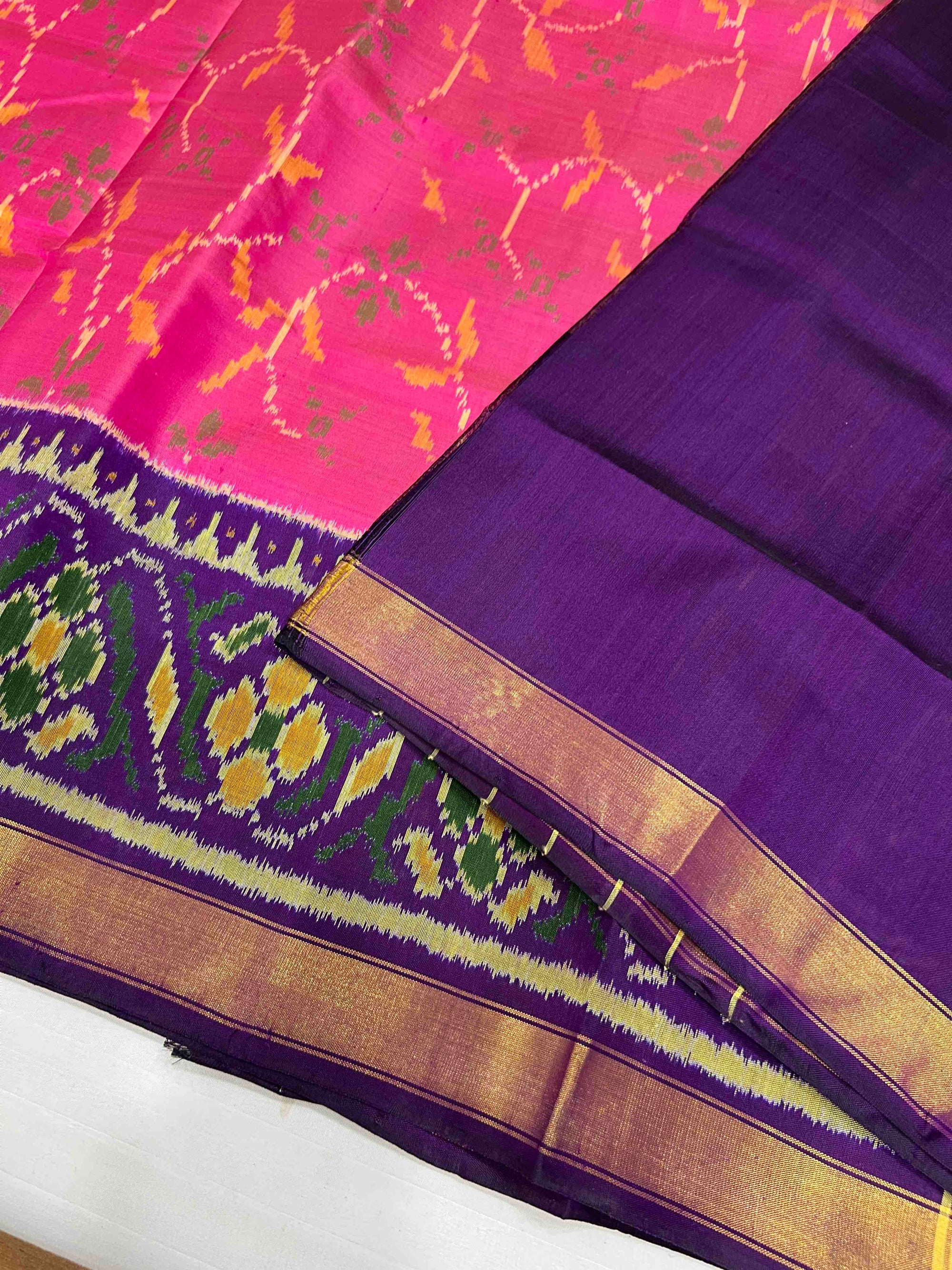 Pink & Dark Purple Fancy Hand Woven Rajkot Patola Silk Saree
