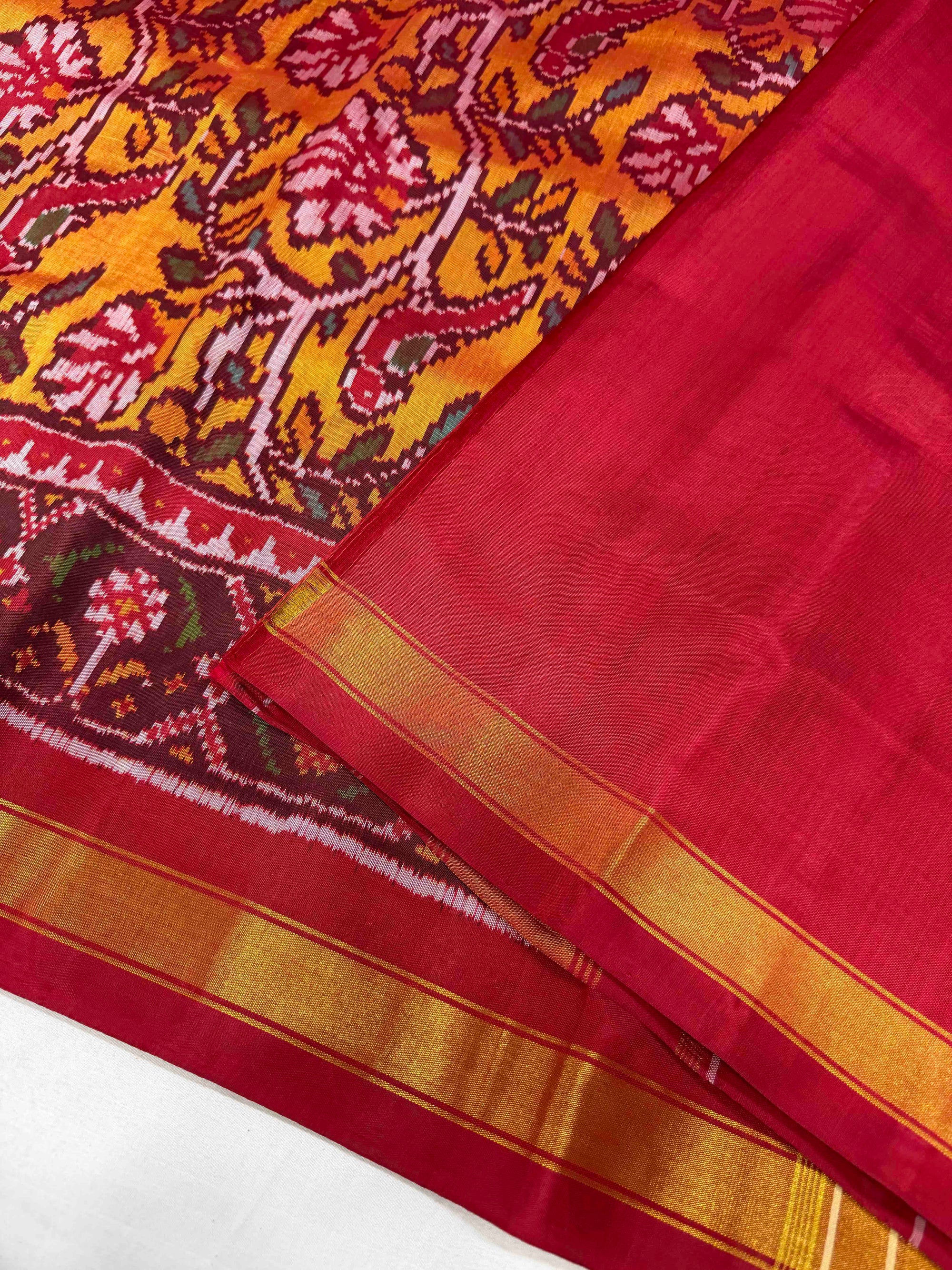 Musturd Yellow With Maroon Fancy Hand Woven Rajkot Patola Silk Saree