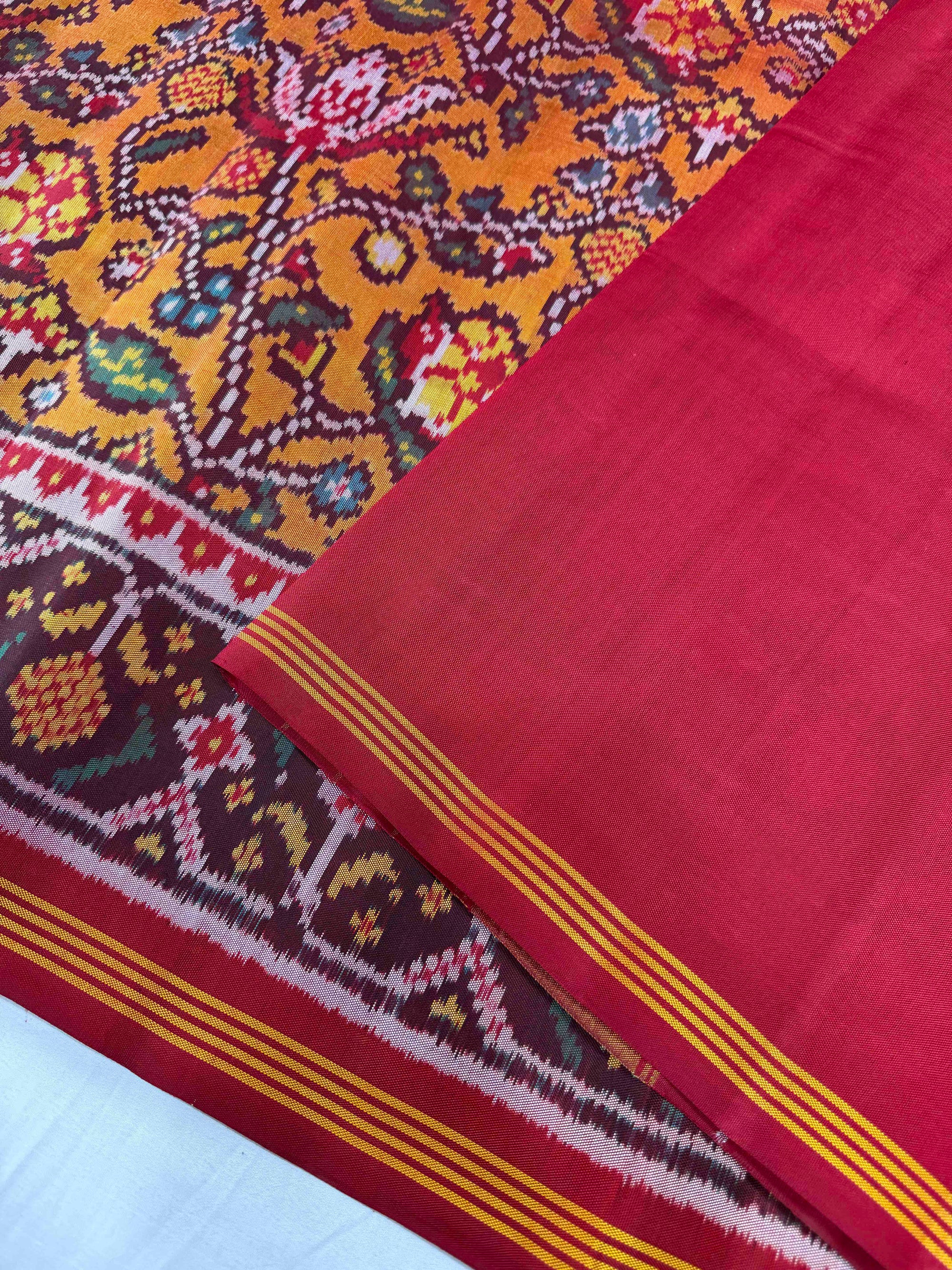 Orange & Red Hand Woven Rajkot Ikat Patola Silk Saree