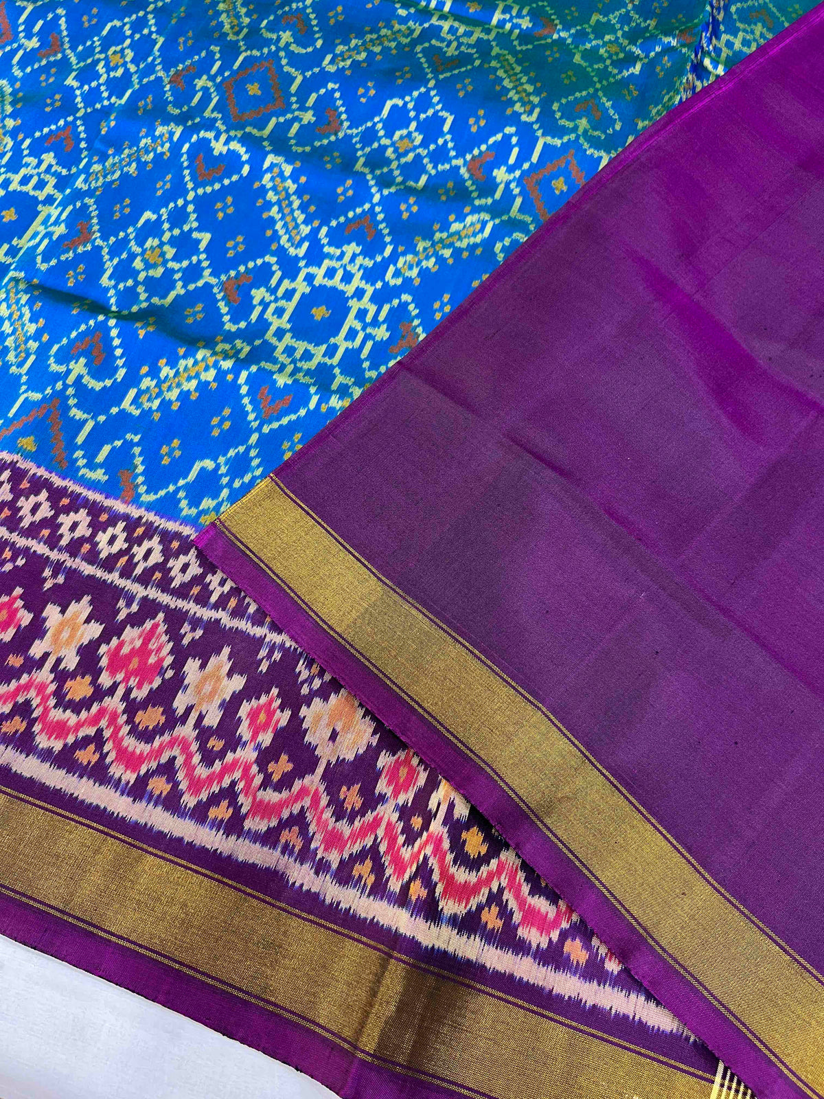 Sky Blue With Purple Manekchok Design Hand Woven Rajkot Patola Silk Saree