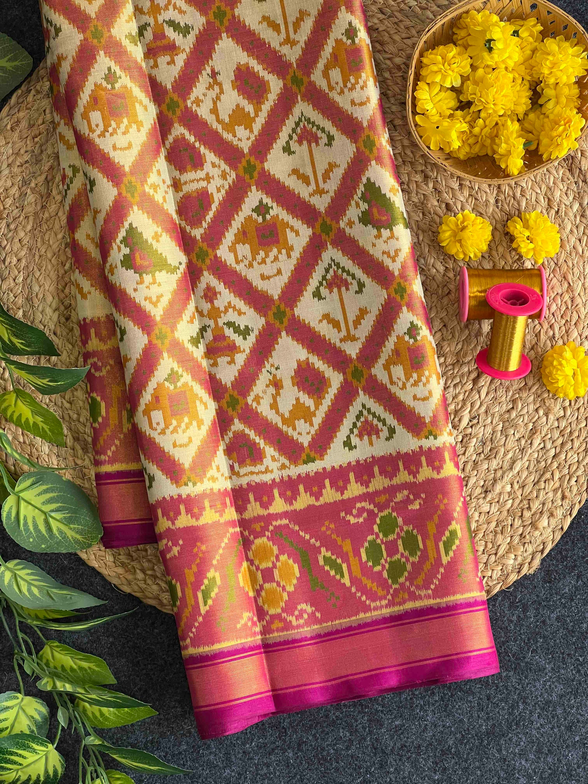 Off White With Pink Tissue Double Zari Patola Saree