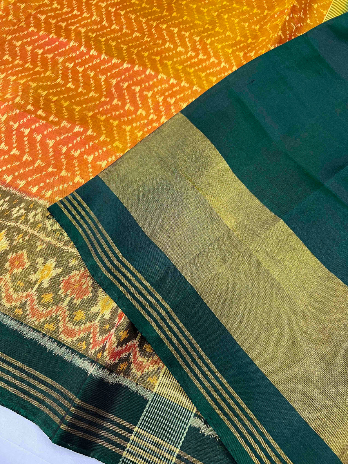 Yellow With Green Laheriya Design Hand Woven Rajkot Patola Silk Saree