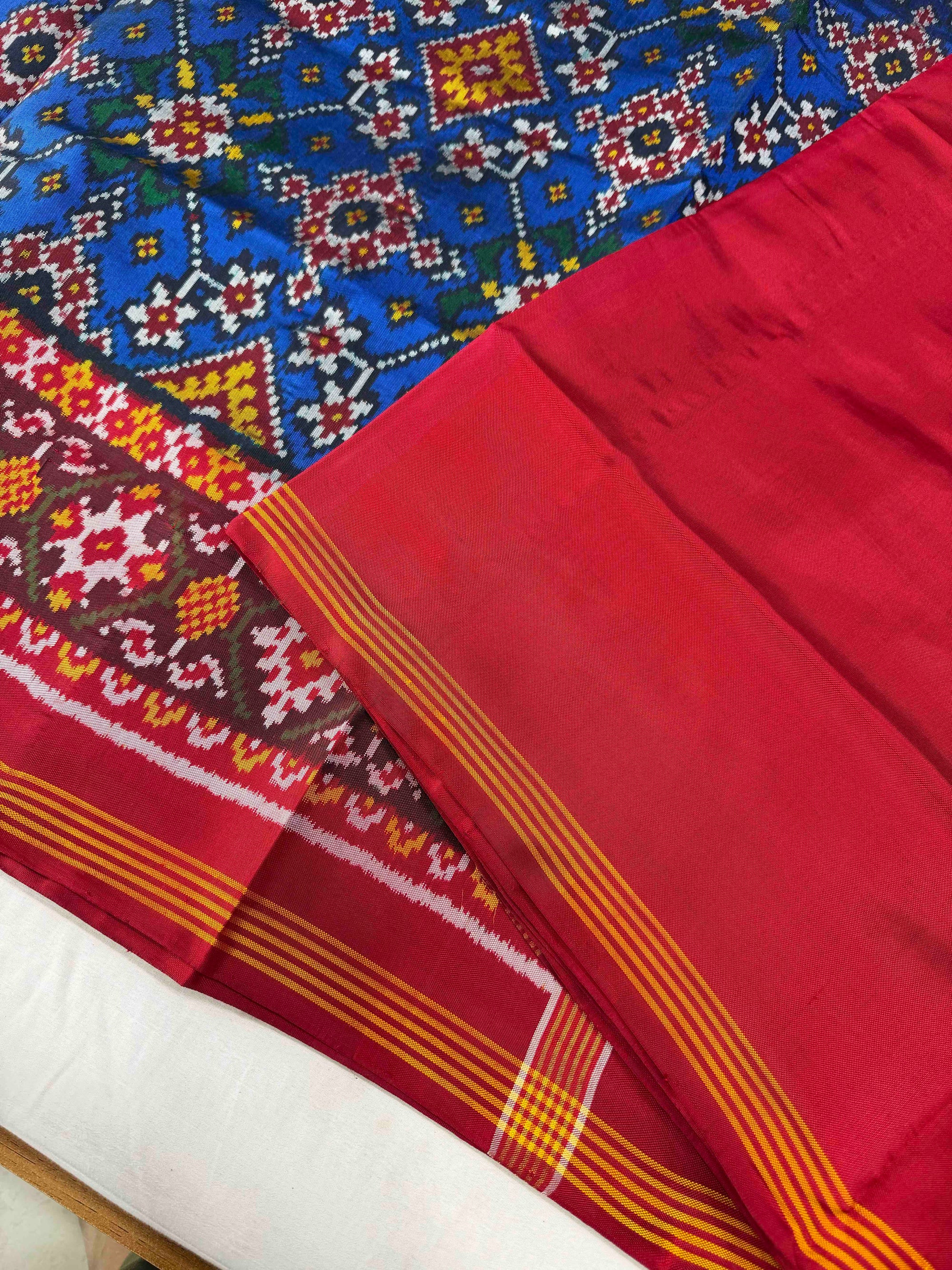 Blue & Red Navratan Hand Woven Rajkot Ikat Patola Silk Saree