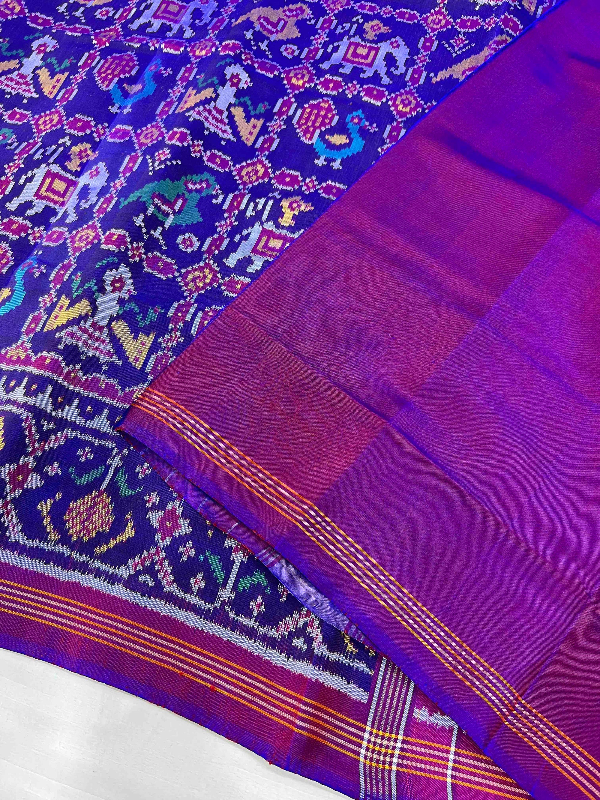 Full Blue Sakli Narikunj Design Hand Woven Rajkot Ikat Patola Silk Saree