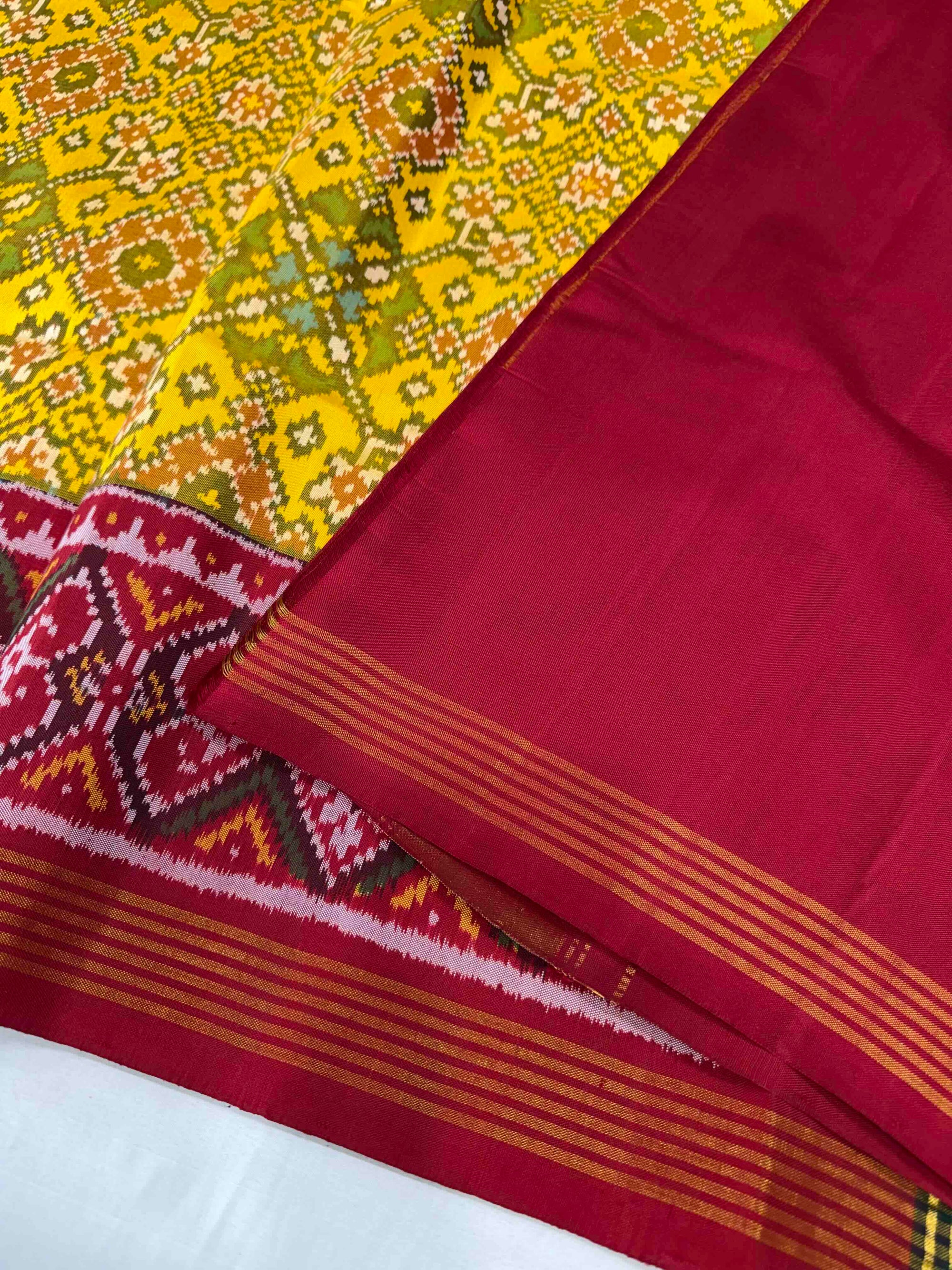 Yellow Ganga Jamuna Hand Woven Rajkot Ikat Patola Silk Saree