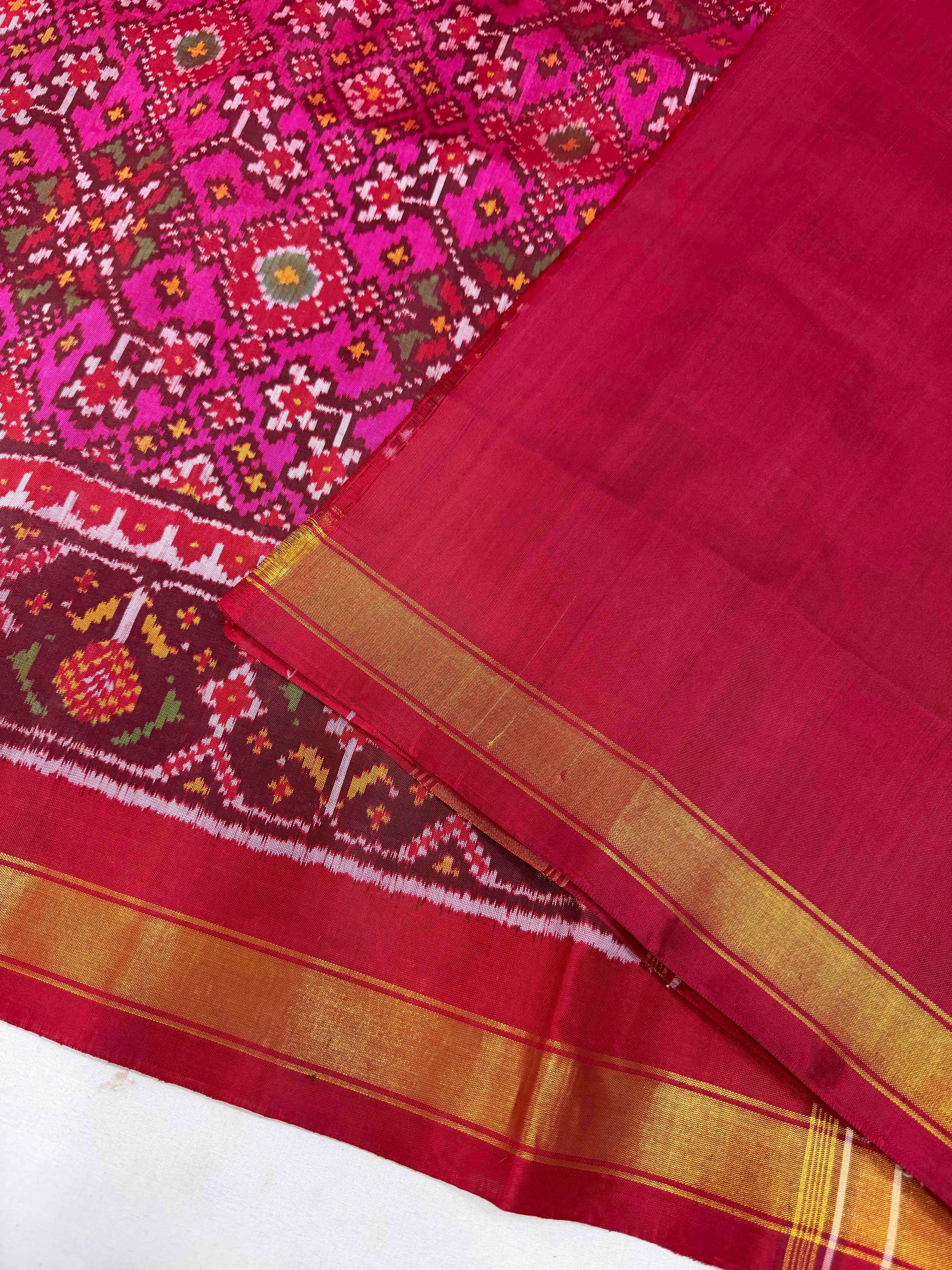 Pink With Maroon Navratan Hand Woven Rajkot Patola Silk Saree