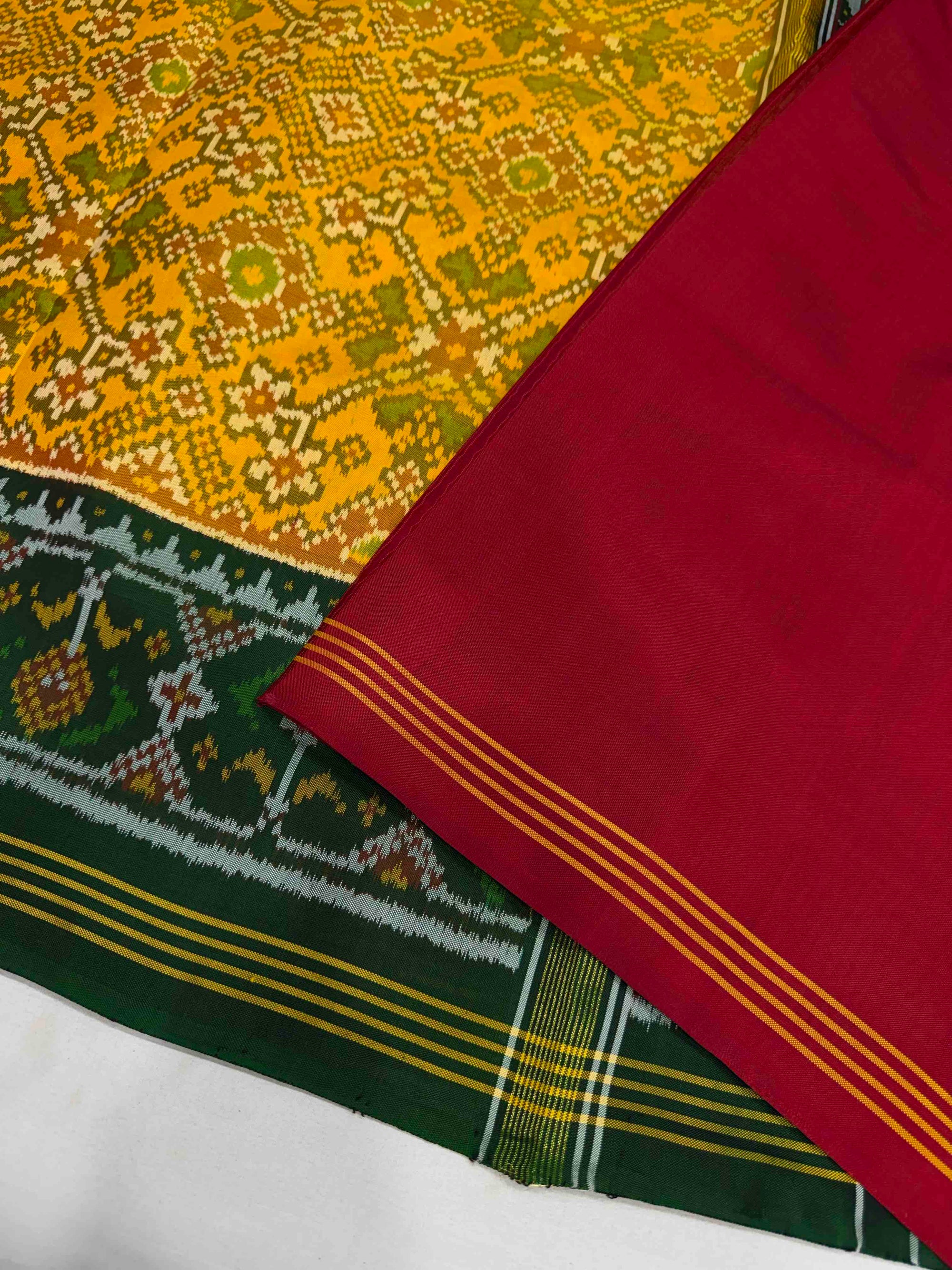 Yellow With Red & Green Hand Woven Rajkot Ikat Patola Silk Saree