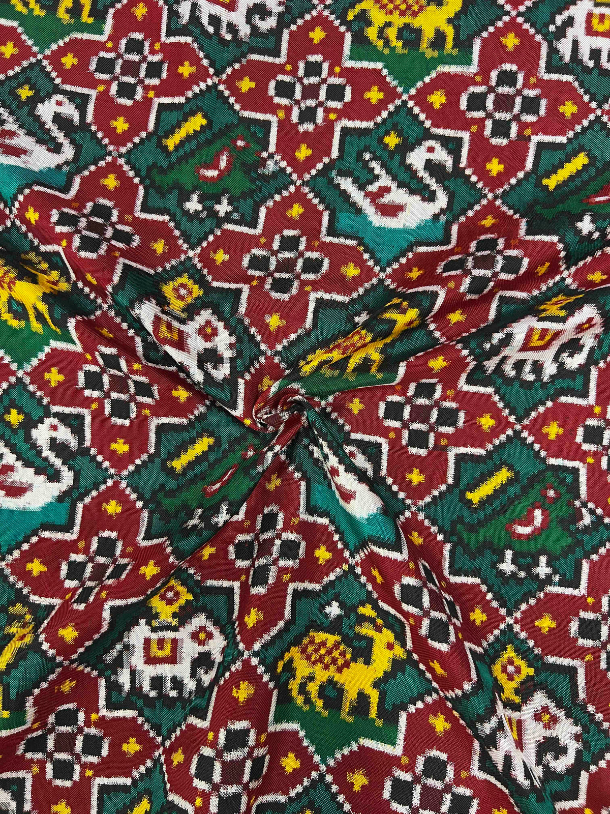 Sea Green With Red Star Motifs Design Pure Hand Woven Double Ikat Patola Silk Saree