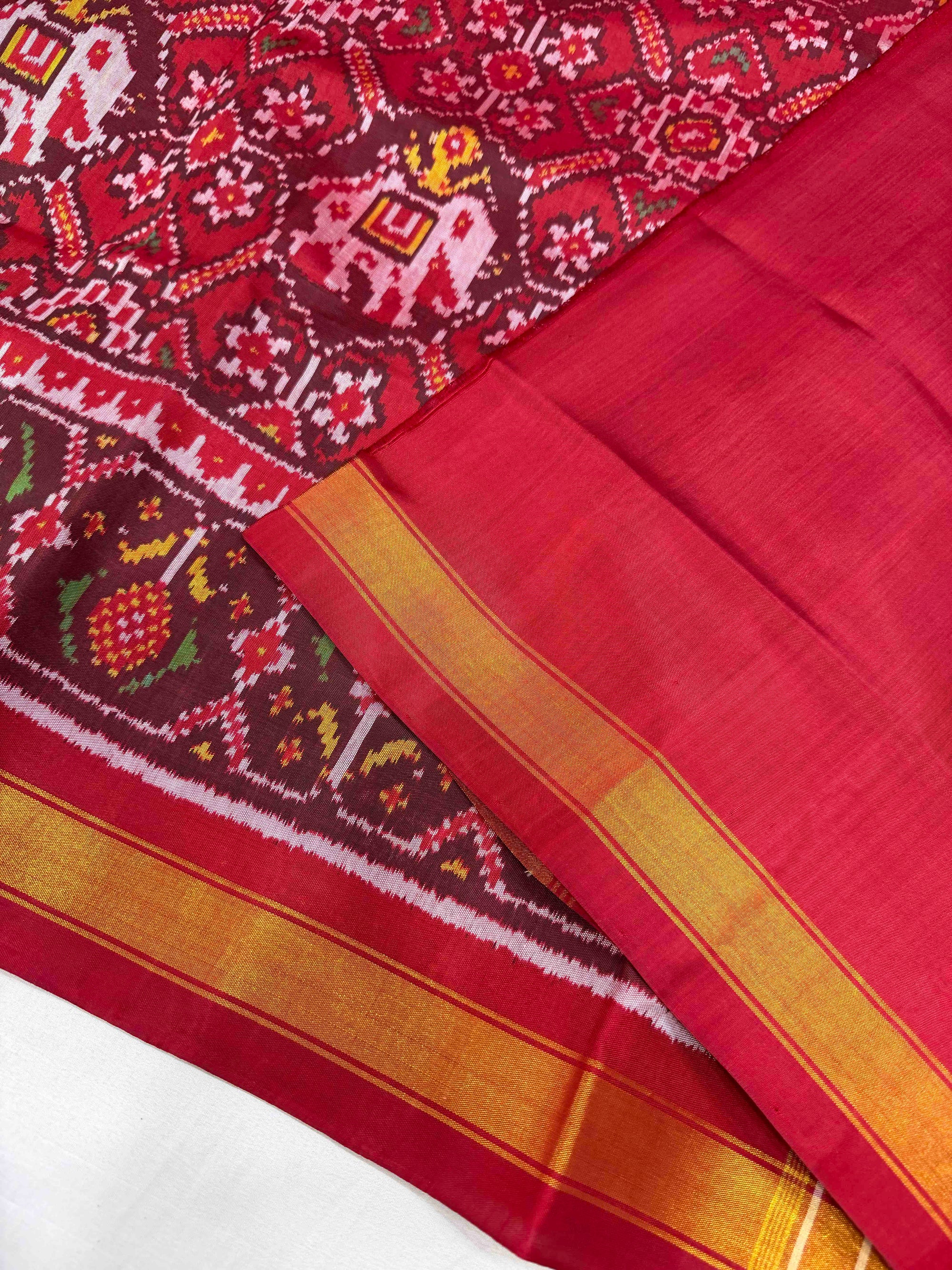 Red With Maroon Elephent Hand Woven Rajkot Patola Silk Saree