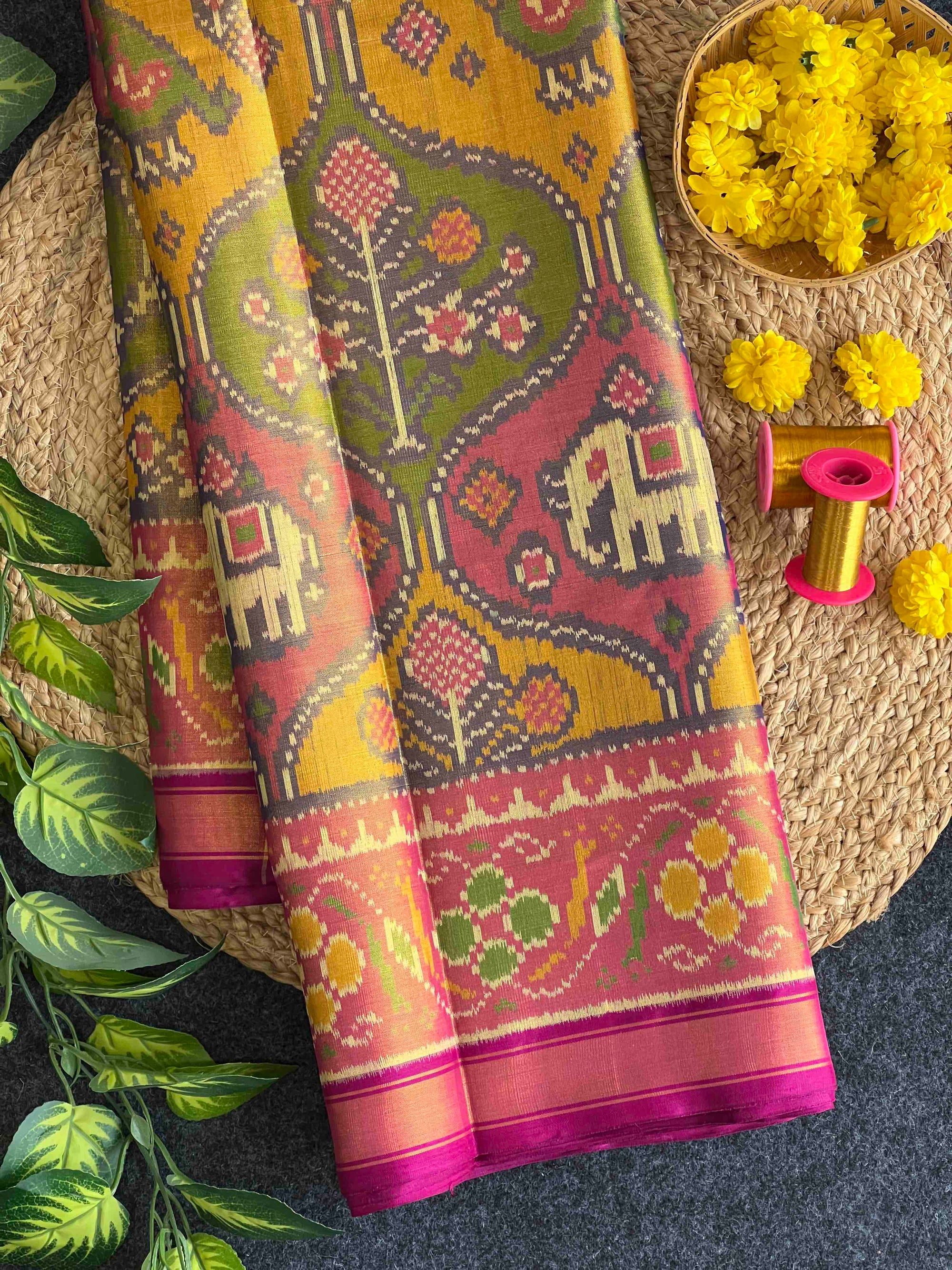 Multi Figure With Pink Border Pallu Tissue Double Zari Patola Saree